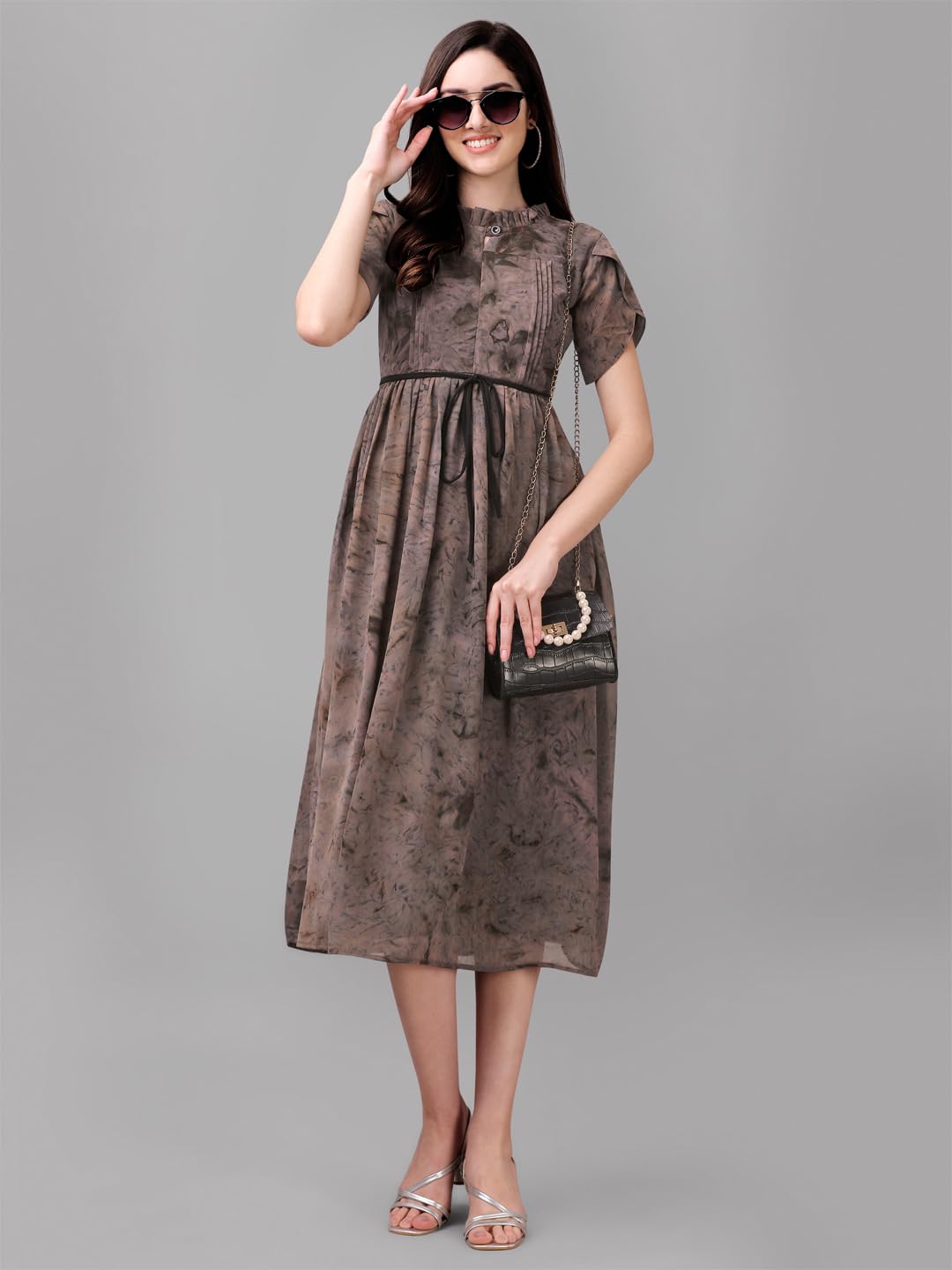 Gufrina Women's Georgette Midi Dress With Short Sleeves Abstract Printed High Round Neck Knee Length Regular Fit And A Line Style Grey