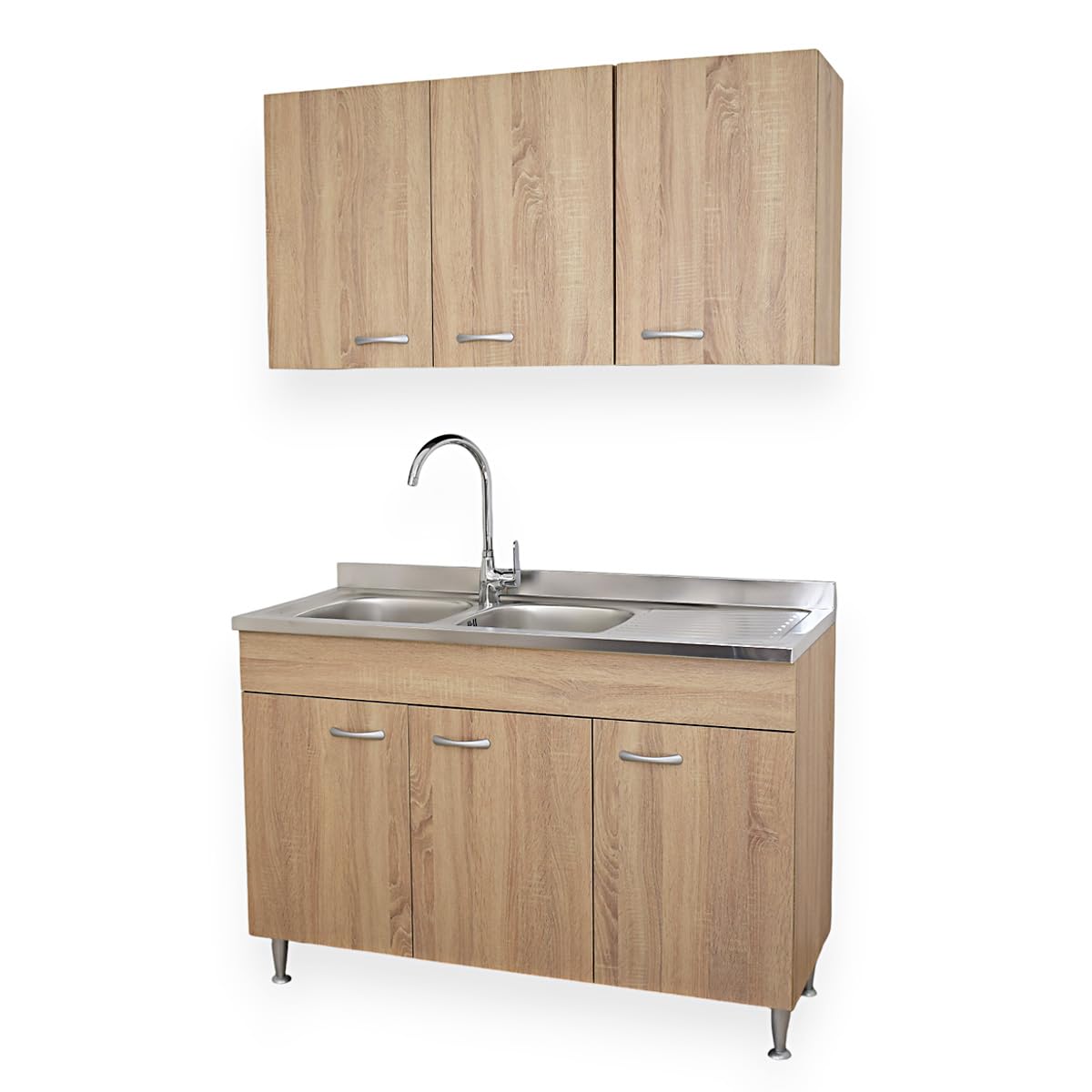 Yellowshop - Mobile cucina sottolavello a 3 ante cm 120 effetto legno rovere well componibile con lavello inox e scolapiatti Basic (Sottolavello completo piano Dx)