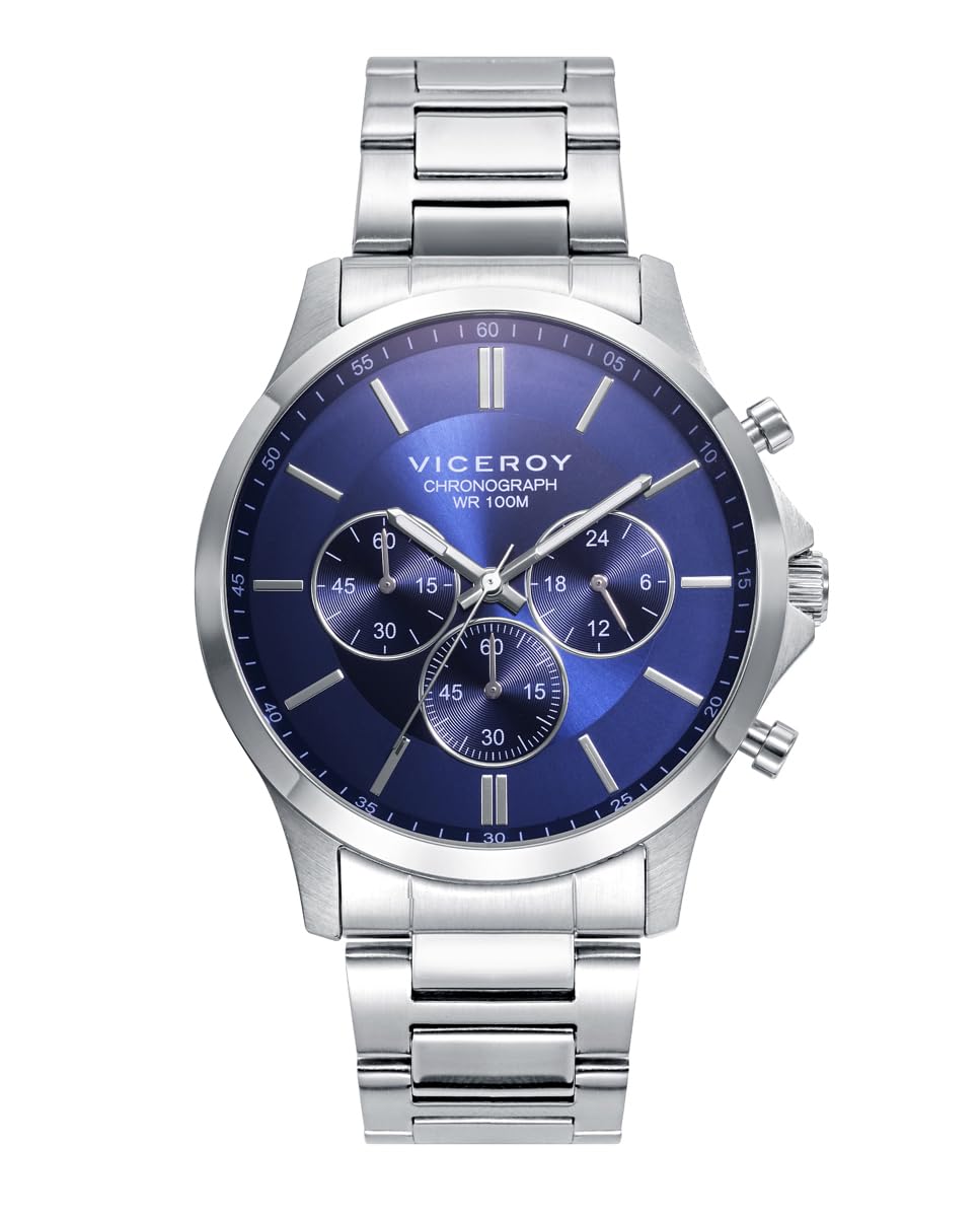 Viceroy Reloj Hombre Elegante para Vestir de Acero Inoxidable - 43 mm - Movimiento de Cuarzo - Esfera Azul - Bisel Dorado - Resistente al Agua 10 ATM - Colección Dress – 401291-37