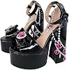 Frankie Hsu Ladies Girl Lolita Gothic Chunky Platform High Heeled Sandals, Black Bow Patent Pearl Chain Strap Gem Cross Pink Heart Diamond Rhinestone, Big Large Size US4-14 Shoes For Women Men