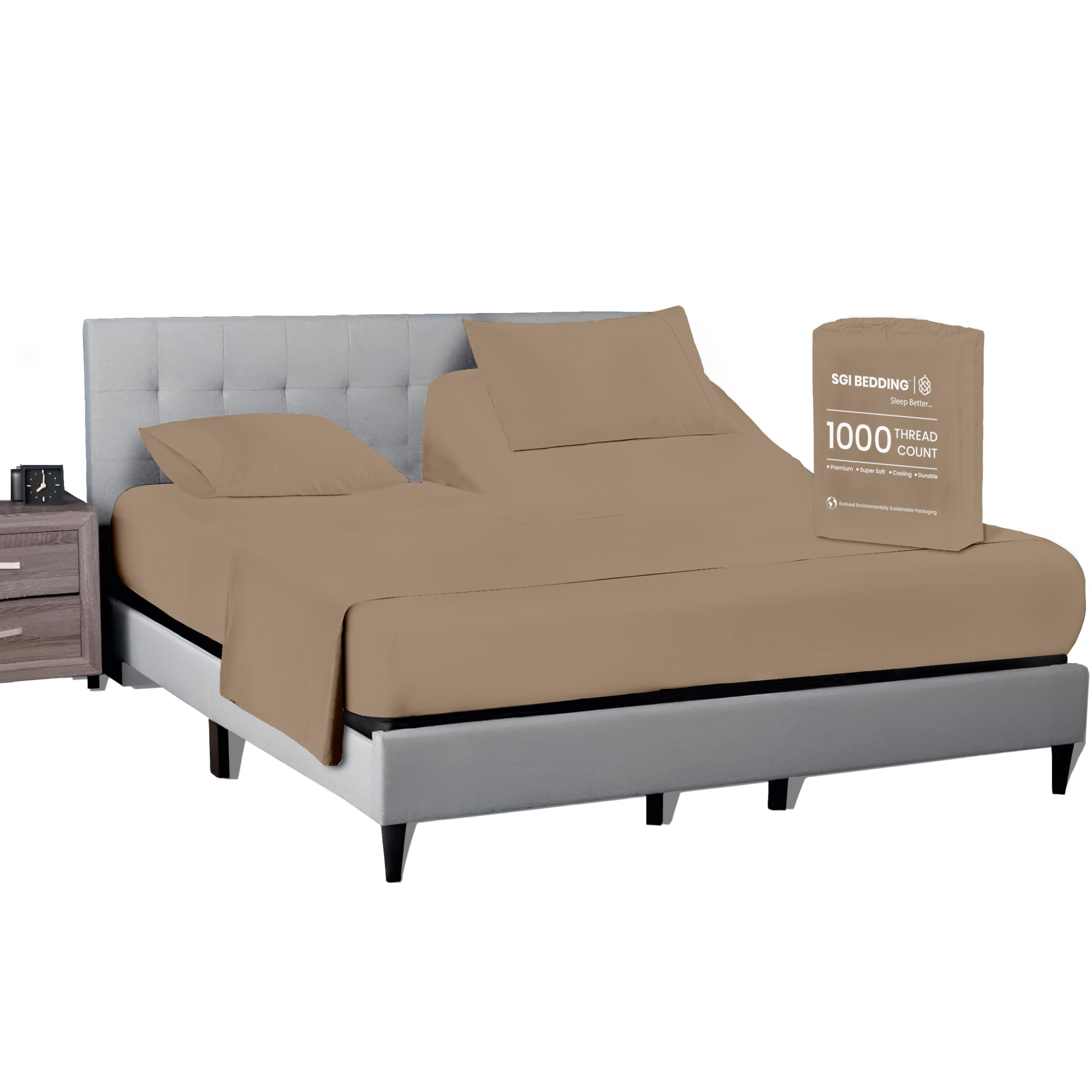 34 Inch Top Split Queen Flex Head Sheet Set for Sleep Number Beds -1000 Thread Count Egyptian Cotton sheet Set Beige Solid fits upto 15 inch Deep Mattress 1 Fitted sheet 1 Flat/Top Sheet 2 Pillowcase