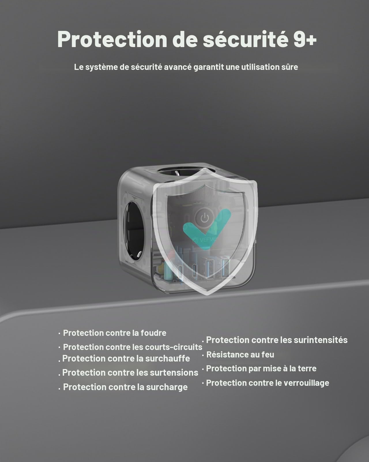 VEFVE Multiprise Cube 7 en 1 (Attention : Standard Allemand Schuko), Chargeur USB-C 70W GaN, 3 Prises (3680W) & 4 USB avec Interrupteur, Câble 3m, pour Laptops et Smartphones, Noir