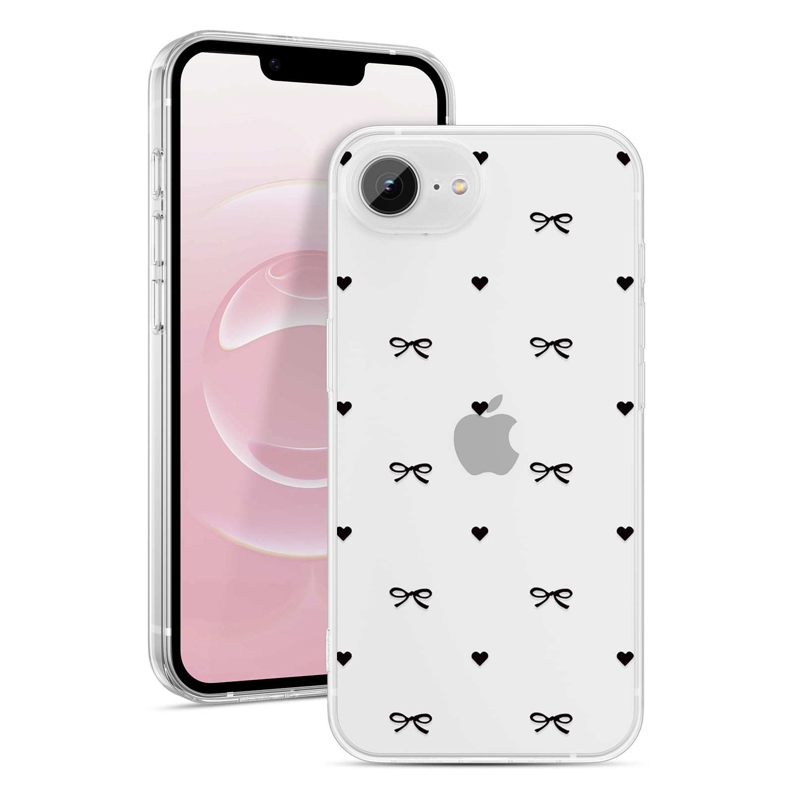 ZTOFERA iPhone 16e用クリアケース かわいい蝶々結び いphone16e ケース 透明 おしゃれ 人気 韓国 リボン ハート パターン スマホケース ソフトTPU バンパーケース 軽量 耐衝撃 アイフォン16e 女性 携帯カバー (ブラック)