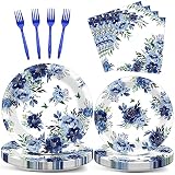Wiooffen 96 Pcs Peony Party Supplies Set Blue Flower Paper Plates Peony Theme Party Plates Summer Ho
