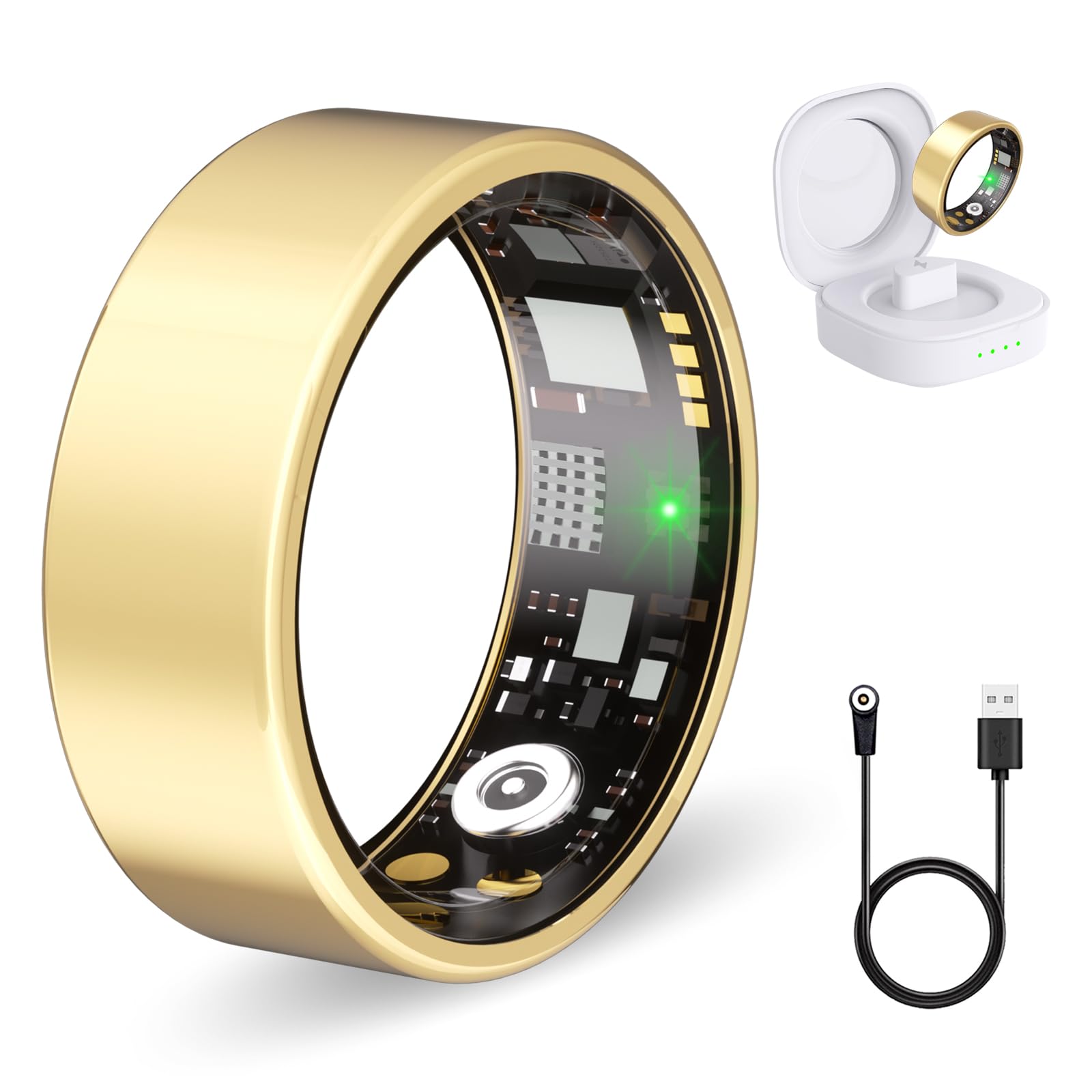 smart ring for women men fitness ring with heart rate, blood oxygen, sleep tracker, step tracker, ip68 waterproof health ring for ios & android,no subscription fee (gold, 6#)