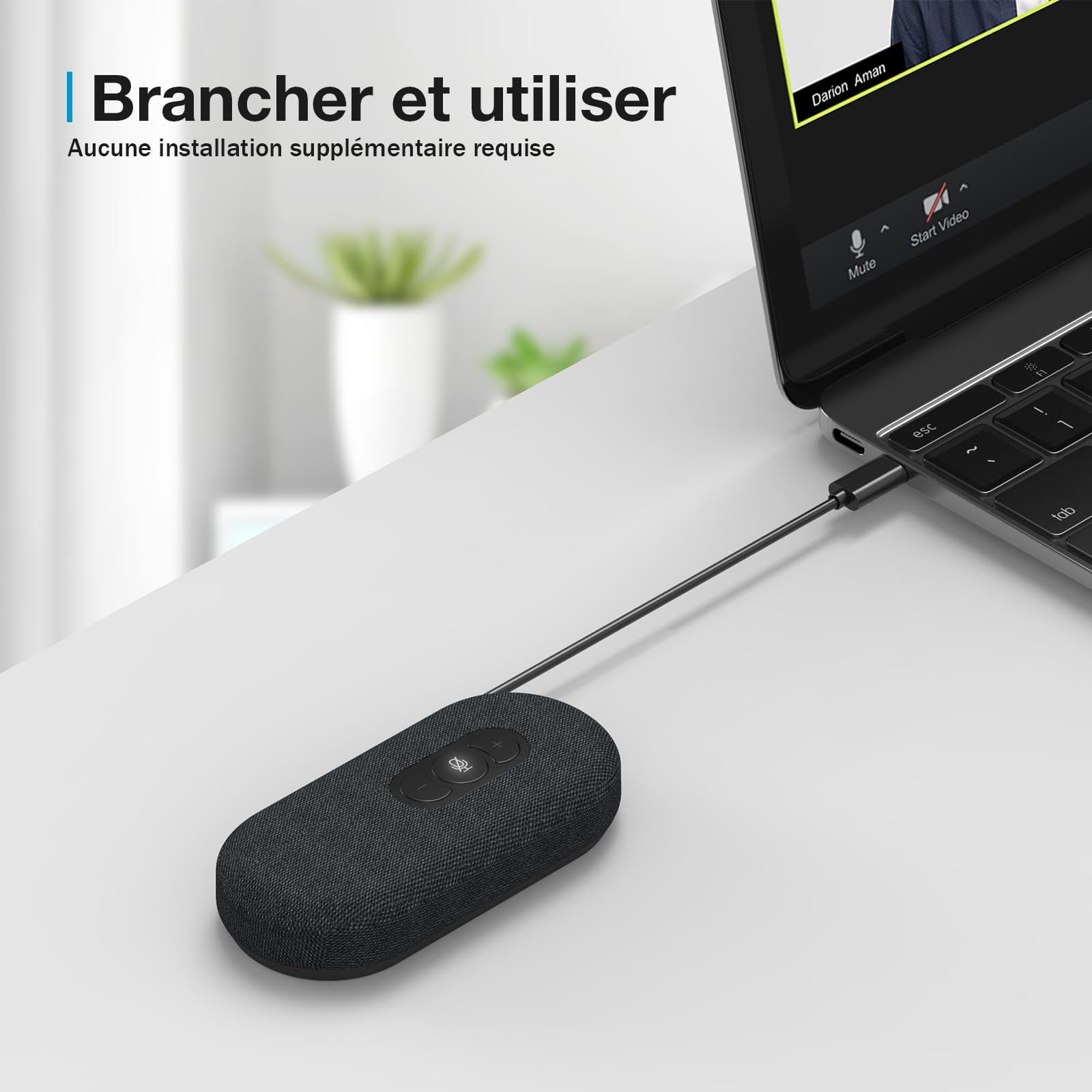 Haut-parleur de conférence USB avec microphone pour les appels à domicile, microphone de conférence avec filtre vocal intelligent et couverture de la pièce à 360 °, kit mains libres pour Skype