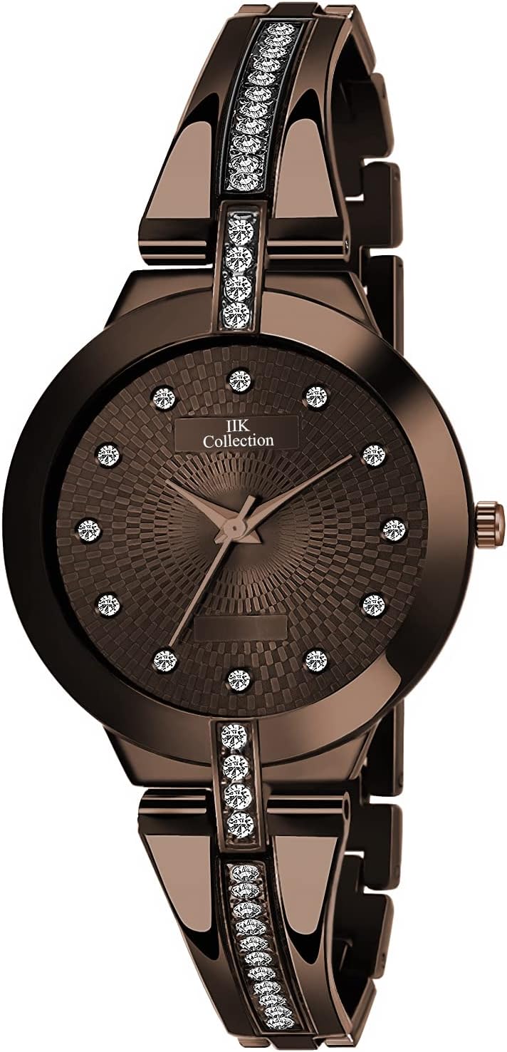 IIK COLLECTION Watches for Women Round Studded Dial |Analogue Quartz Movemnet Ladies Watch|Long Battery Life|Stainless Steel Adjustable Bracelet Chain Strap|Double Lock Clasp Safety Watches for Girls