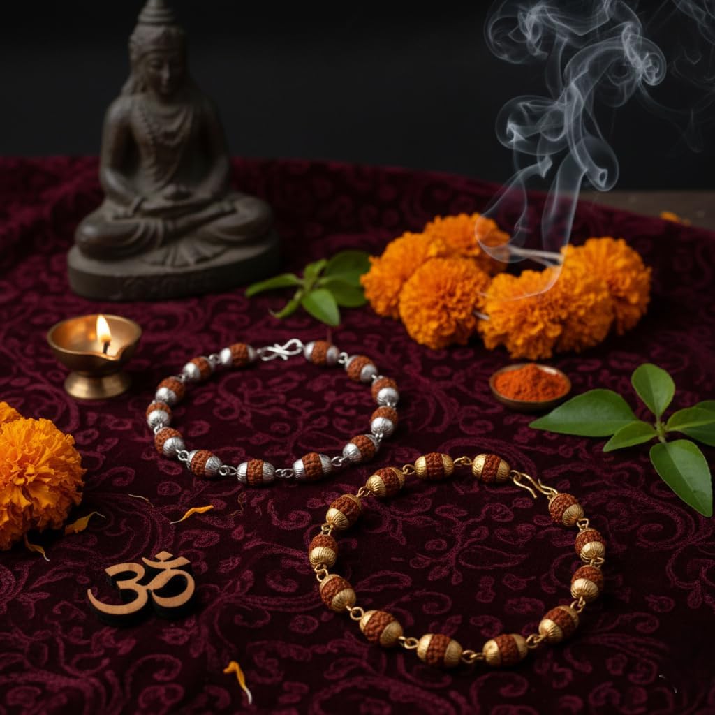 Combo Of Silver And Gold Plated 5 Mukhi Original Shiva Cap Rudraksha Chain Bracelet, Hindu Spiritual Jewellery
