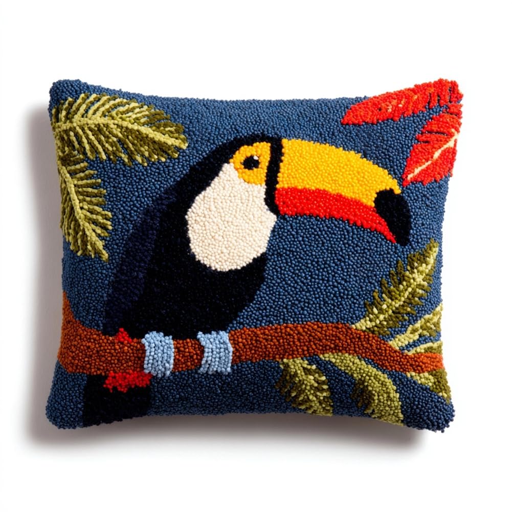 kitphoenix Cushion Covers Craft Kits Animal Latch Hook Kits for Adults Beginners Toucan Making Crochet Pre Printed Canvas Wool Yarn Hobbies DIY Sofa Home Decor Women Gift 17X17Inch