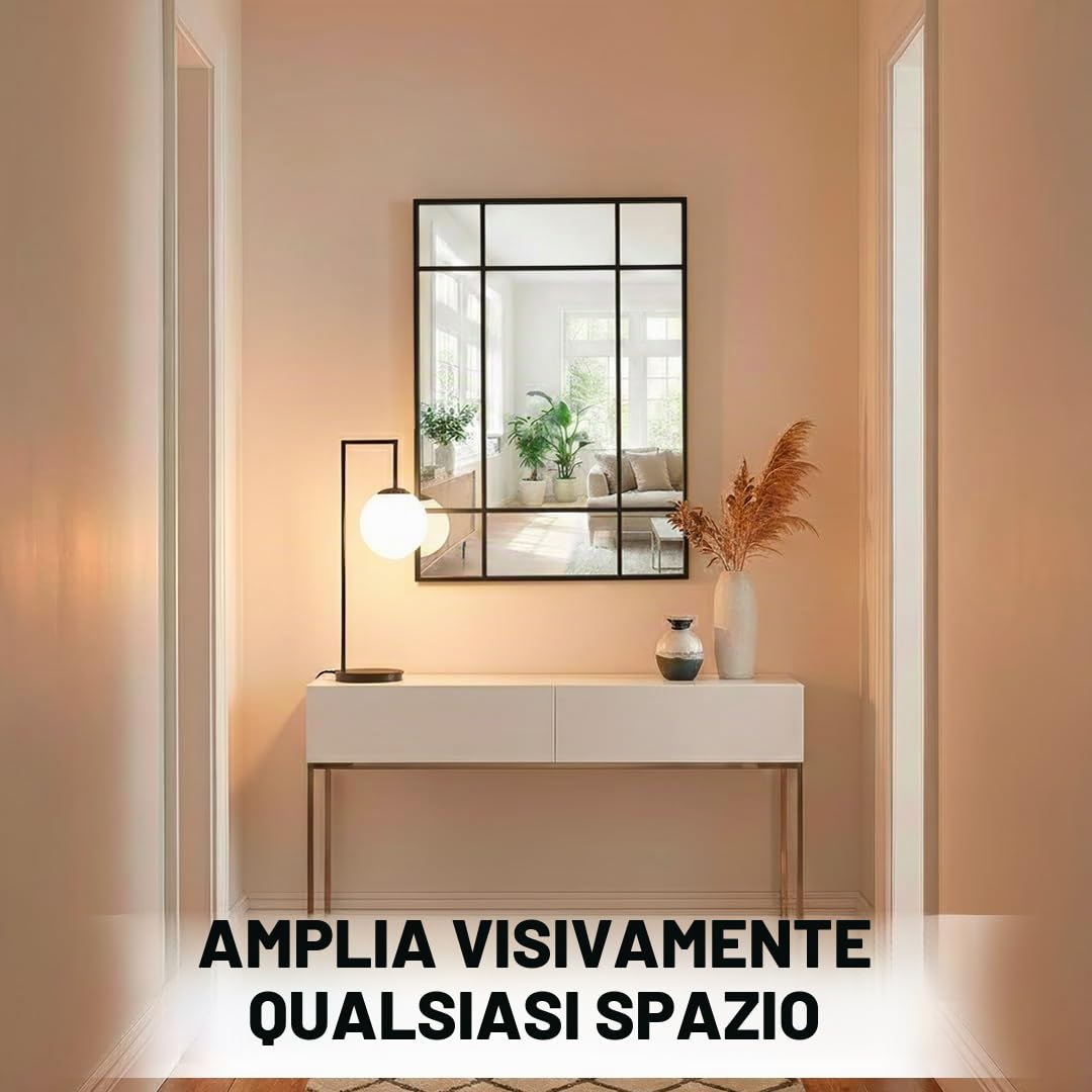 Marctani Specchio per finestra da parete 90 x 60 cm - Specchio industriale decorativo con cornice in metallo - Design rettangolare effetto finestra per ingresso, ingresso e soggiorno