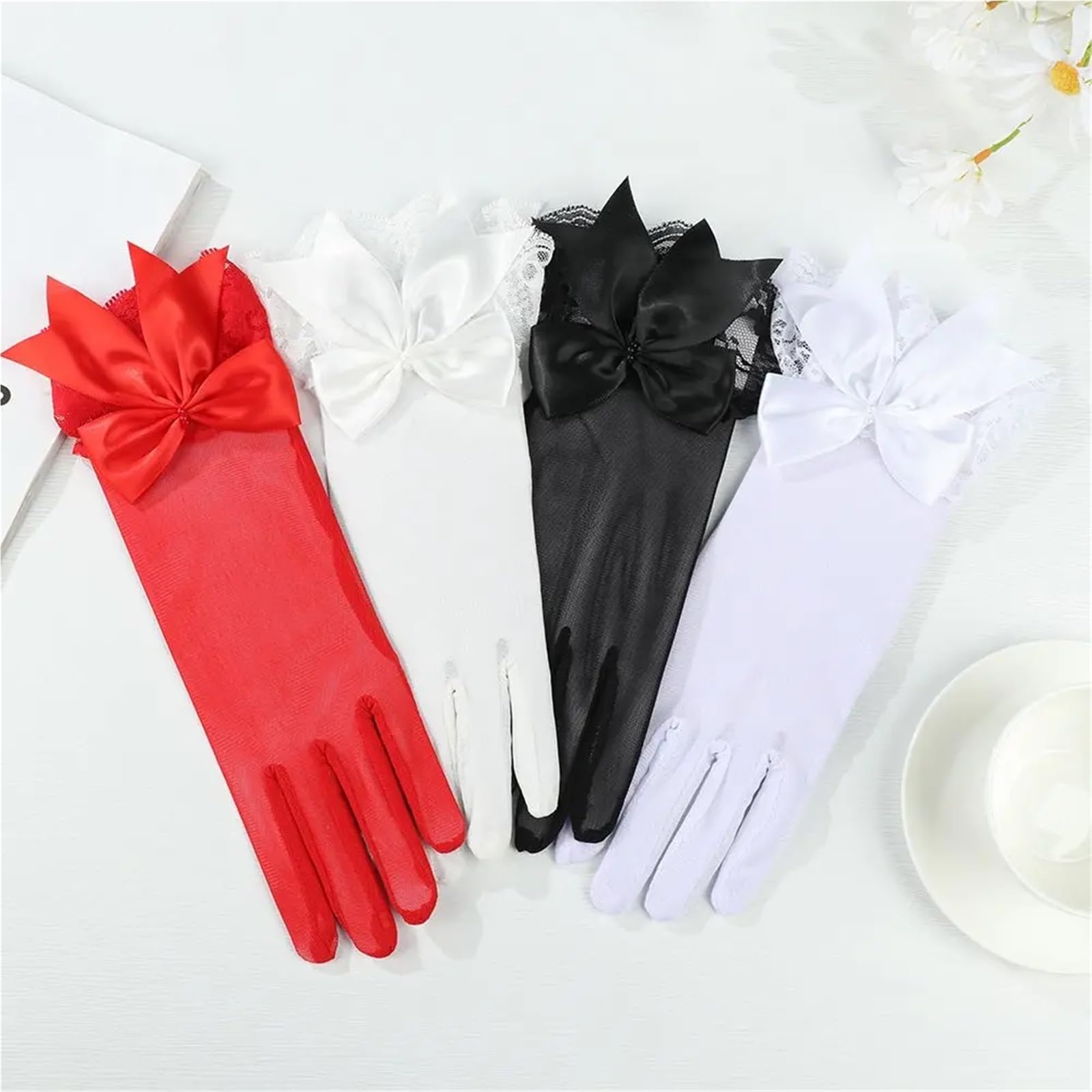 4 pares de guantes novia satén con lazo y encaje, boda, etiqueta for vestido, accesorios for Para Cena Fiesta