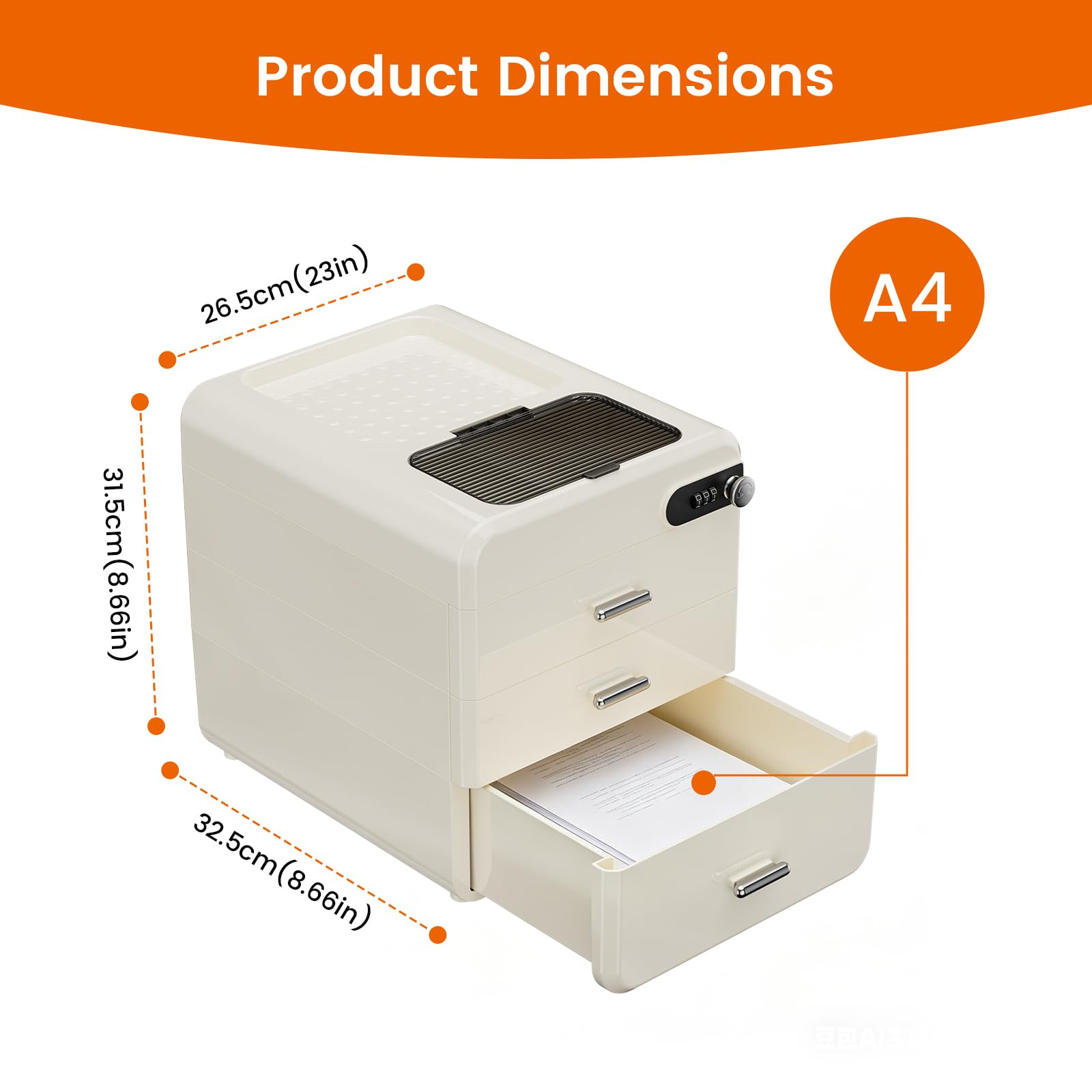 Cajonera de plástico anrekl con cerradura de combinación, organizador de oficina con 3 cajones + compartimento de almacenamiento superior, cajonera tamaño A4 para medicamentos, 32×26×31 cm