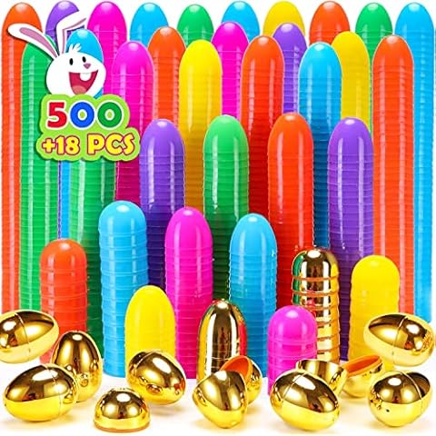 NEWBEA 518 Easter Eggs -2.36" Bright Colors Plastic Easter Eggs Empty Include 18 Golden Eggs Perfect for Eggs Hunt,Easter Basket Stuffers,Party Favors Cover