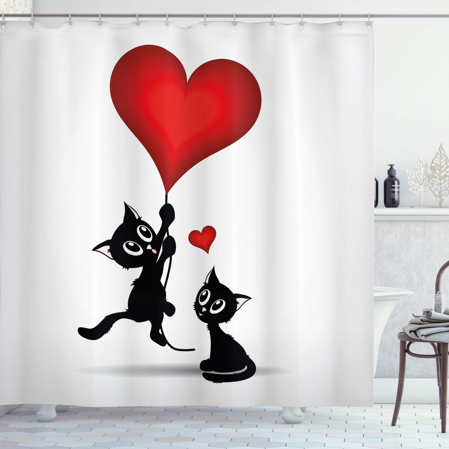 ABAKUHAUS Valentines Day Shower Curtain, Baby Cat Holding Heart Shaped Baloons Romantic Love Themed Illustration