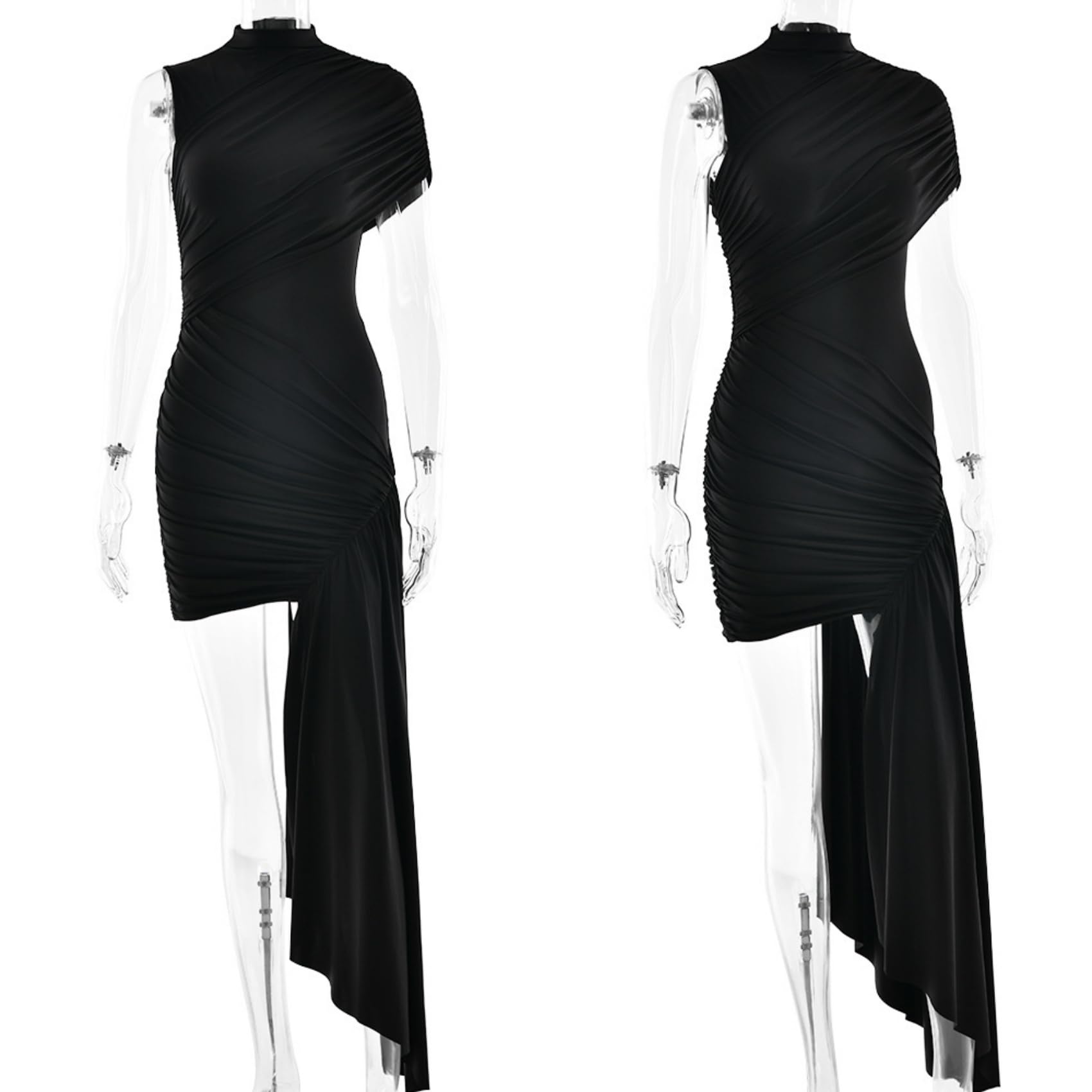 JUMISEE Women’s Elegant Irregular Ruched Mini Dress Flowy Ribbon Bodycon Cocktail Dress Sexy Pleated Formal Dresses