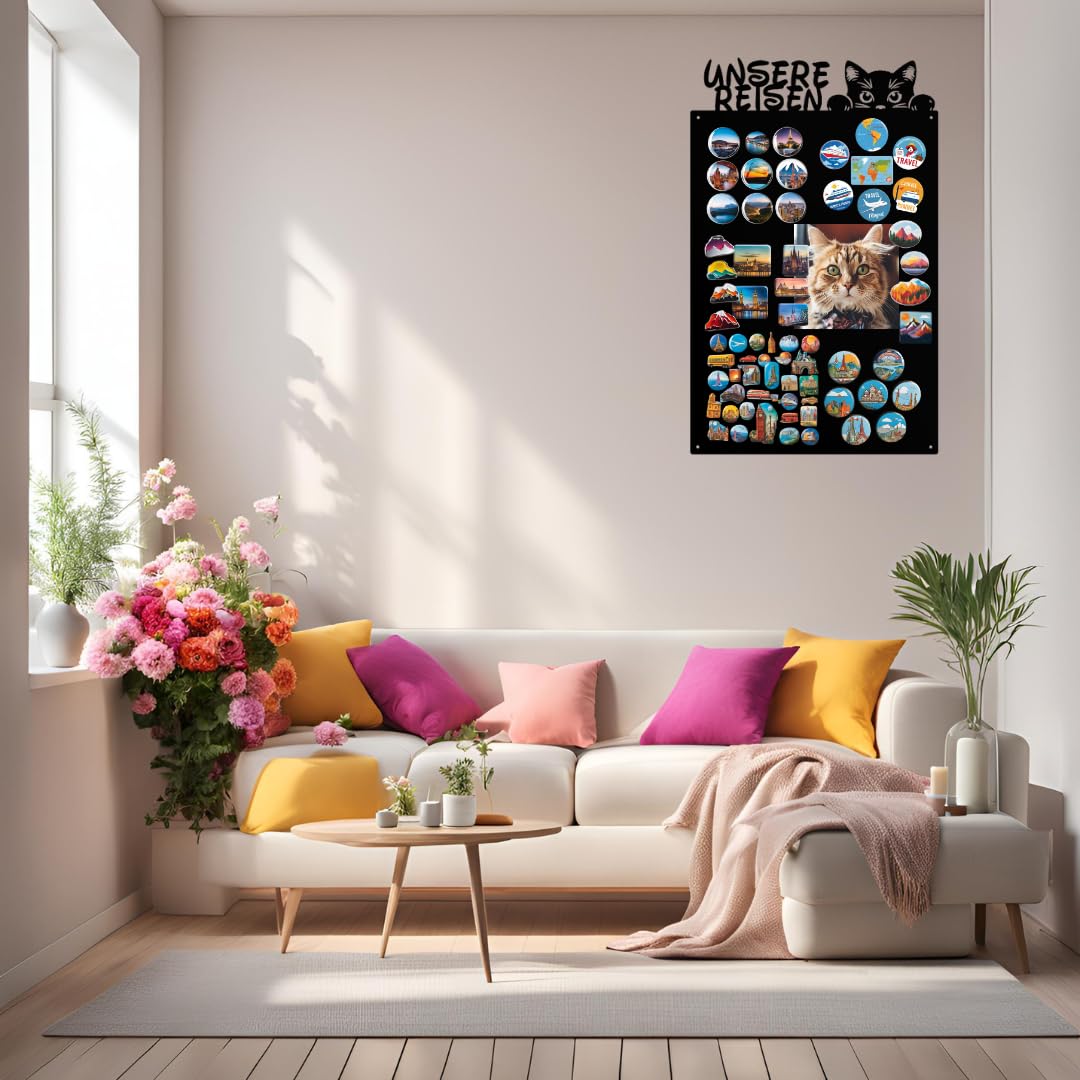 Magnettafel - Magnetische Pinnwand mit Katzenmotiv - ideal für Magnete und Notizen - magnetisches Whiteboard - beschreibbare Tafel - inkl. Montageset - Schwarz - 80x50 cm