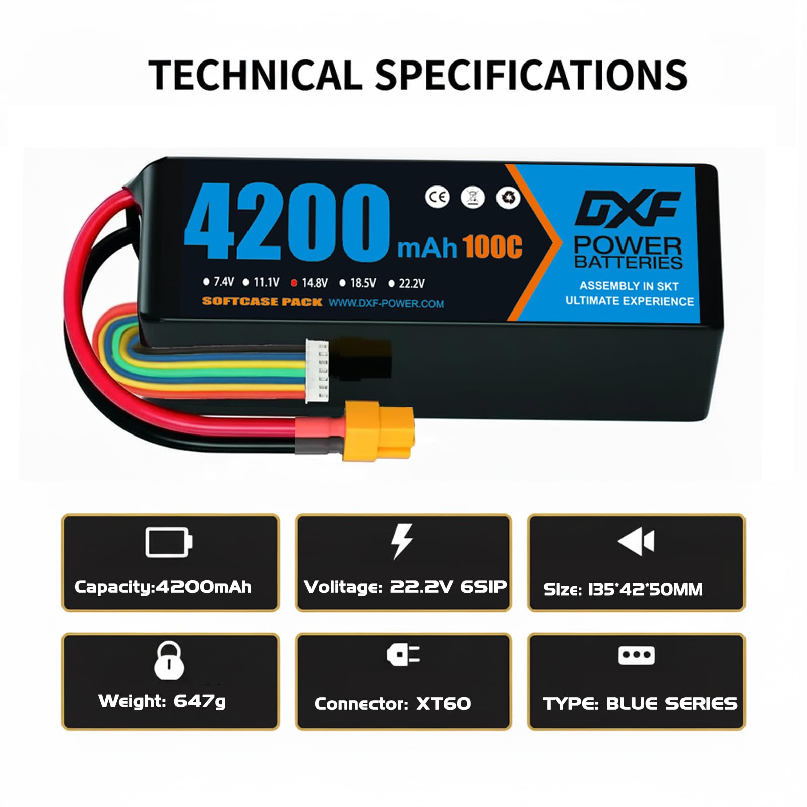 DXF 6S RC Lipo akumulator 4200 mAh 22,2 V 100C grafenowy akumulator z wtyczką xt60 do samolotu RC, helikoptera RC, quadcoptera, drona, samochodu, ciężarówki, łodzi, modelu (2 sztuki)