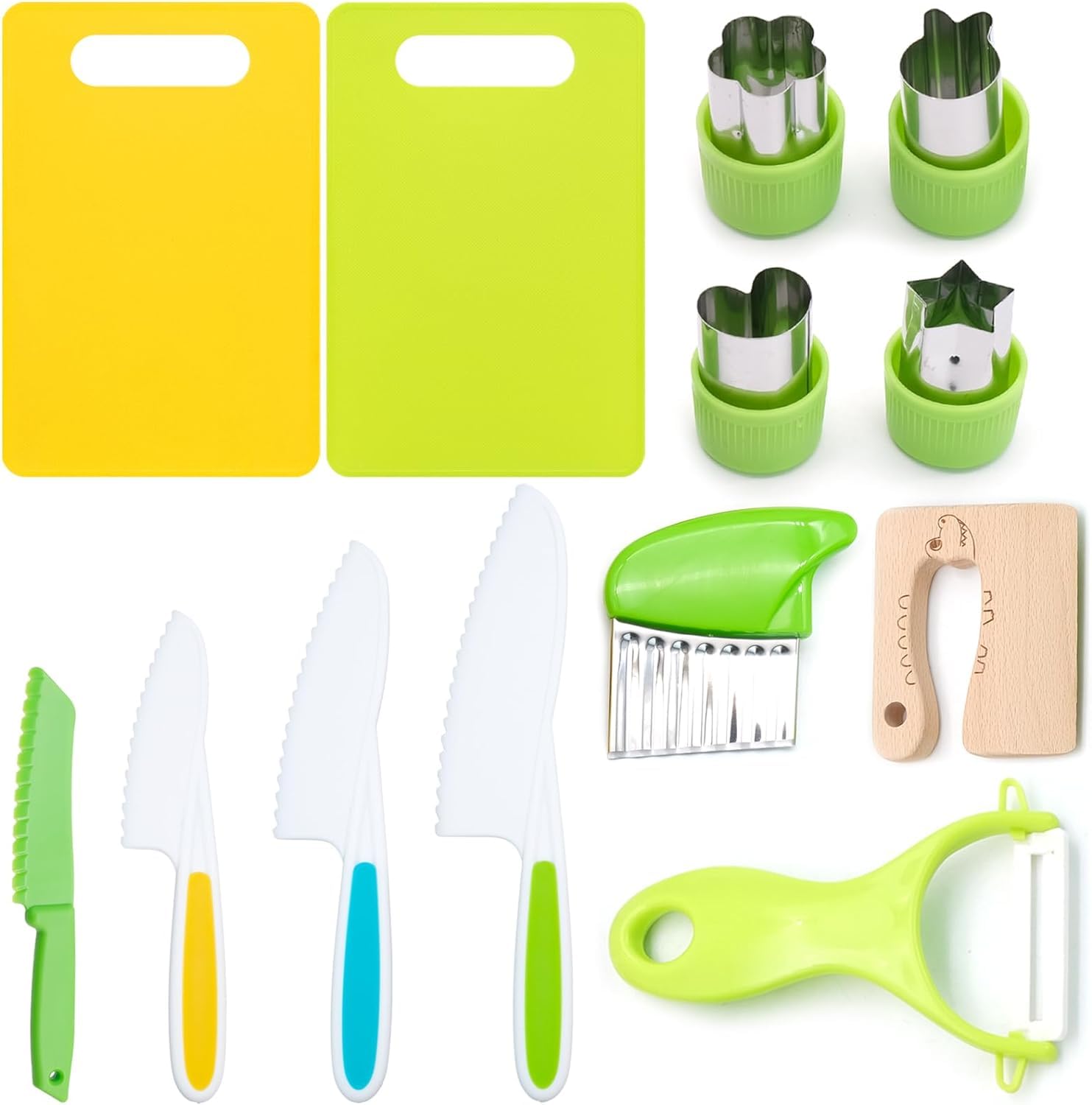 JLNGTHONG 13 PCS Kitchen Knives for Children Toddler Safe Knives Set for Real Cooking Plastic Cooking Sets with Cutting Board, Plastic Knives, Potato Slicer, Peeler