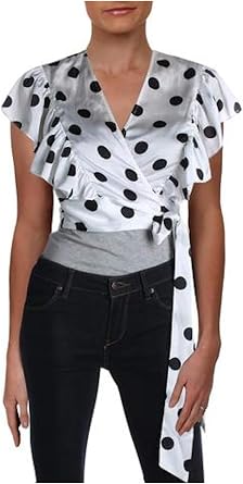 Jill Stuart Womens White Belted Polka Dot Short Sleeve V Neck Top M