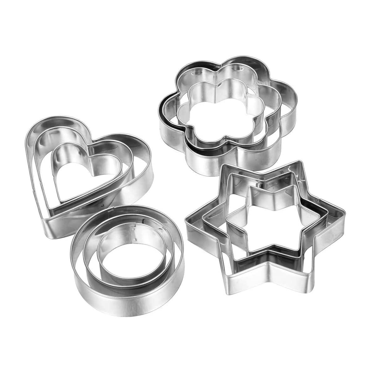 Juego de 12 moldes de acero inoxidable, forma de estrella, forma de corazón redondo, para galletas, para postres, cocina, Halloween, Navidad, San Valentín