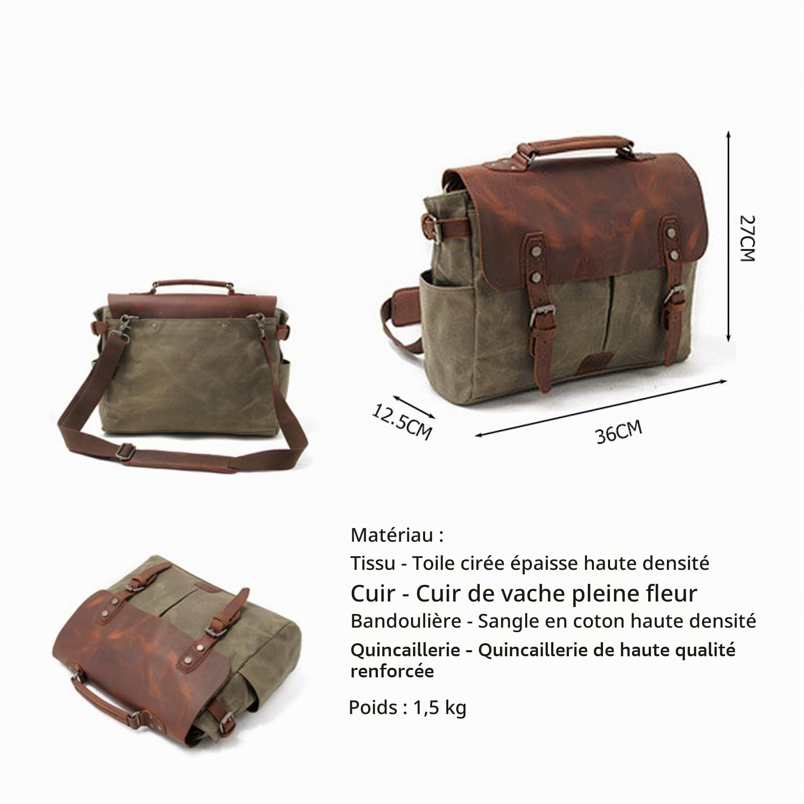YUANZHOU Sac À Dos Moto Vintage en Cuir et Toile Cavalières, Noir