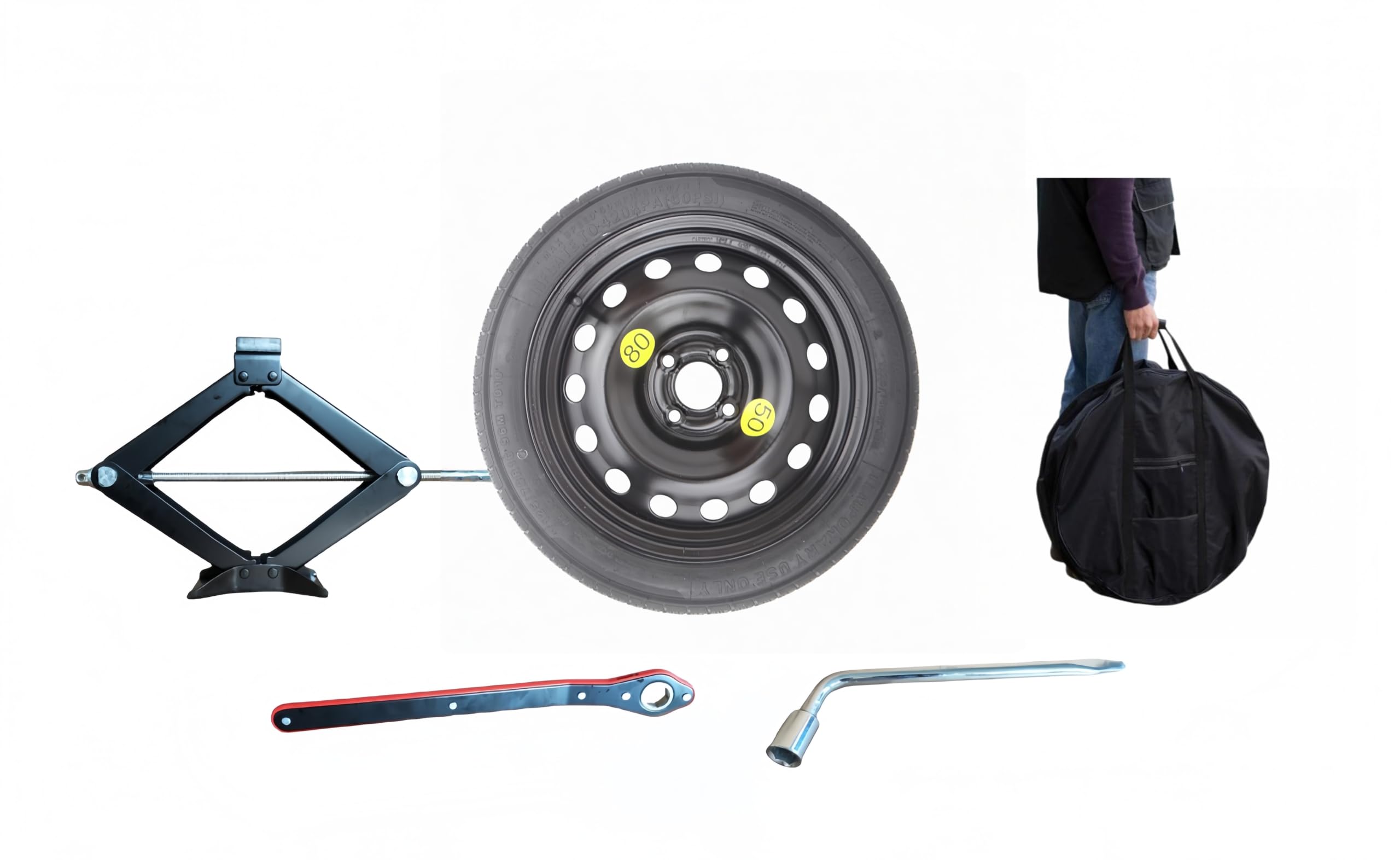 Kit Ruotino di Scorta 15" compatibile con Mazda 2 (2007-2021) con Cric, Chiave, Guanti e Sacca