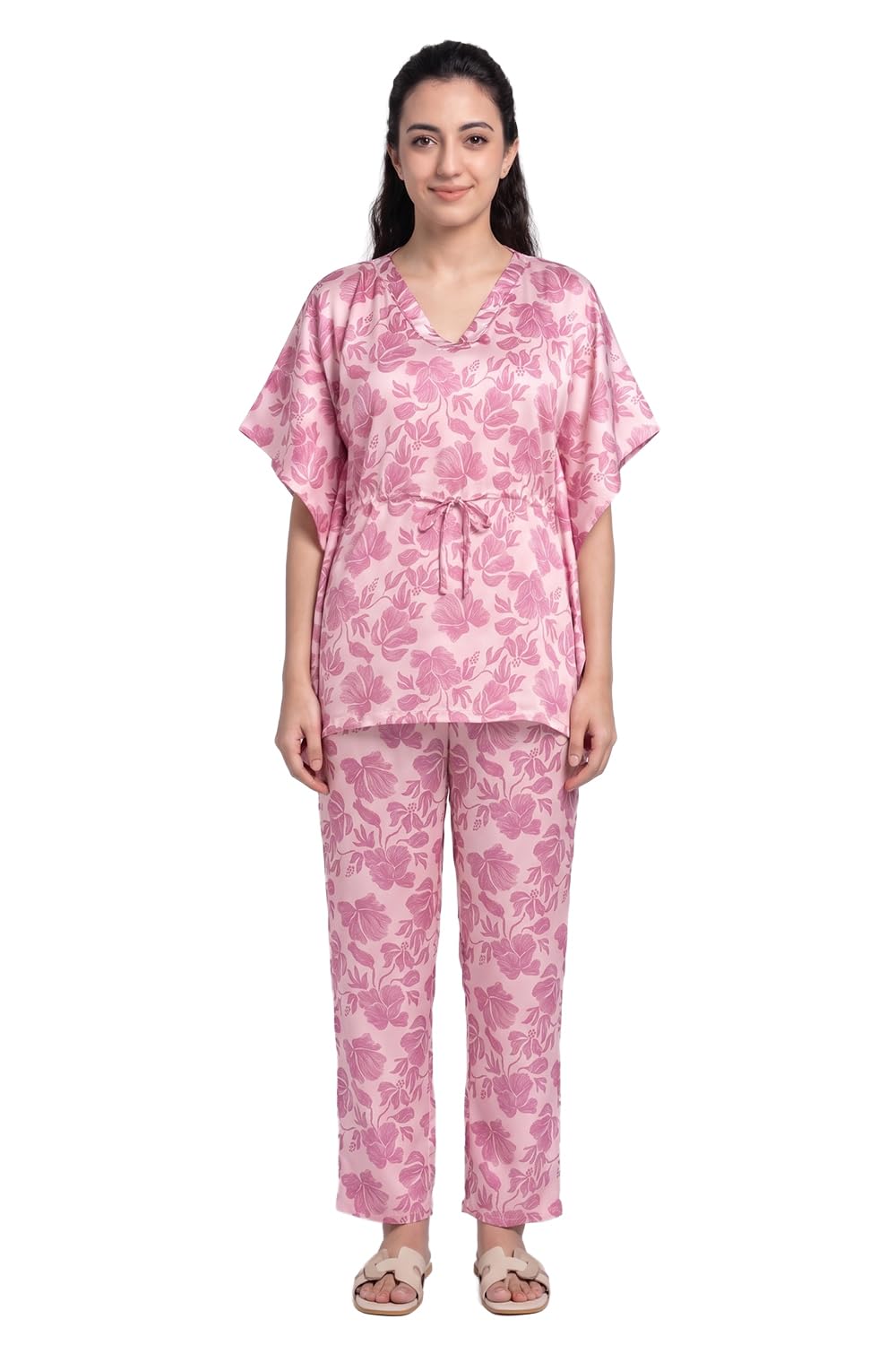 zivame Satin Kaftan Loungewear Set - Ballet Slipper-picture-0