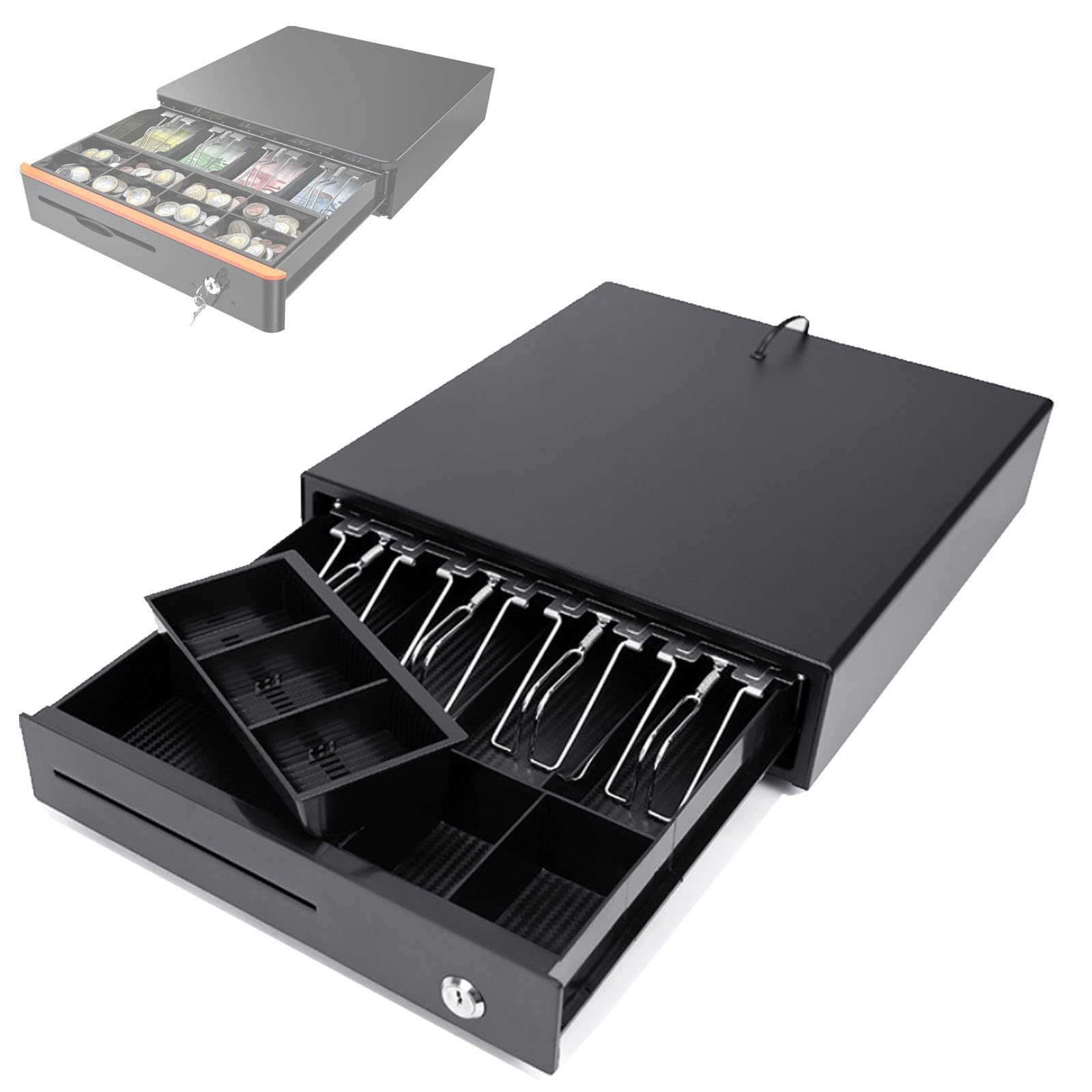 Cajón registrador para monedas y billetes, apertura automática y manual, 4 compartimentos para 8 monedas, perfecto para restaurantes y entornos minoristas