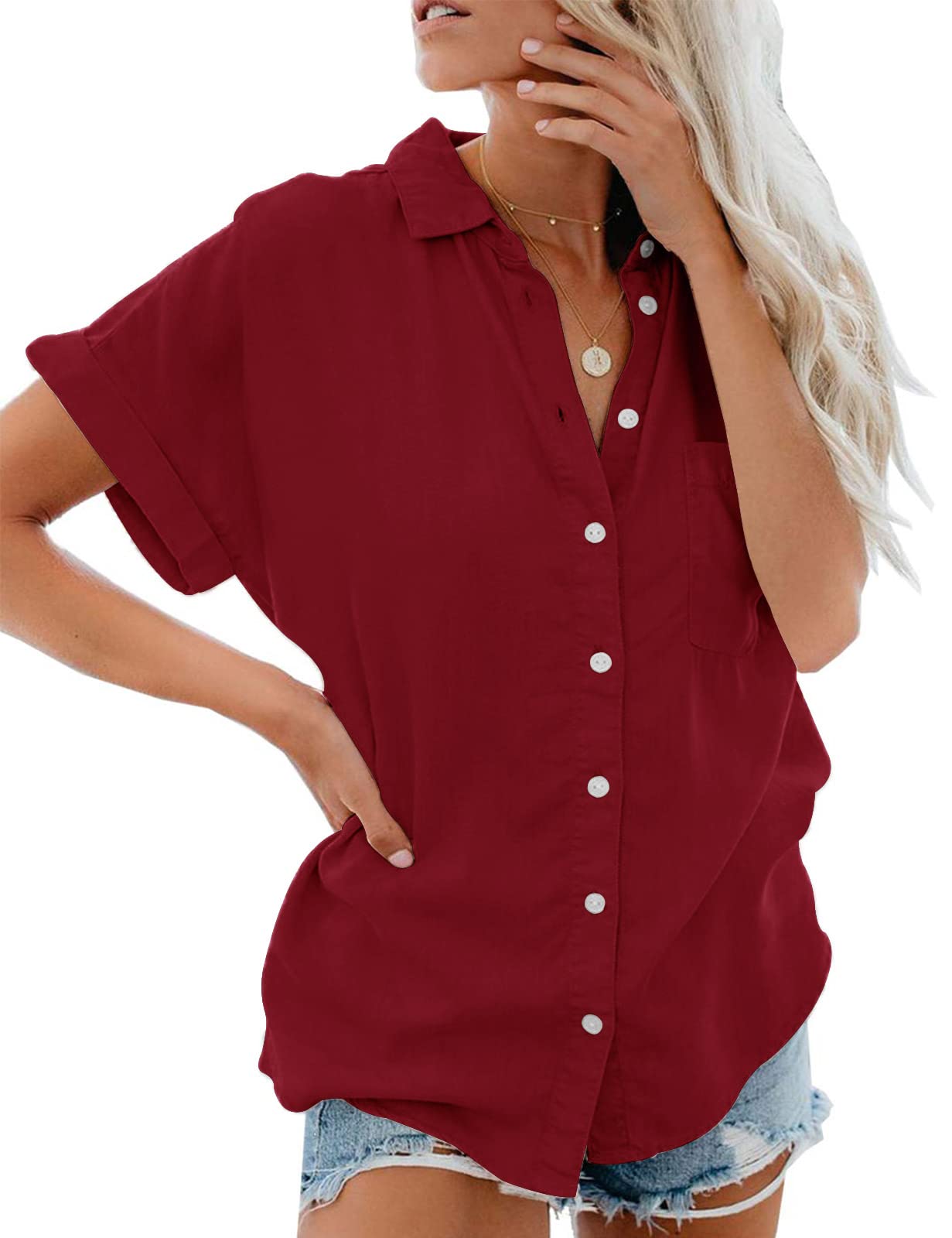 Xnova Chemisier Femme Manches Courtes Col V Chemise T-Shirt Été Couleur Unie Élégant en Mousseline Boutons avec Poche Casual Chic Short-Sleeve Blouse Tops