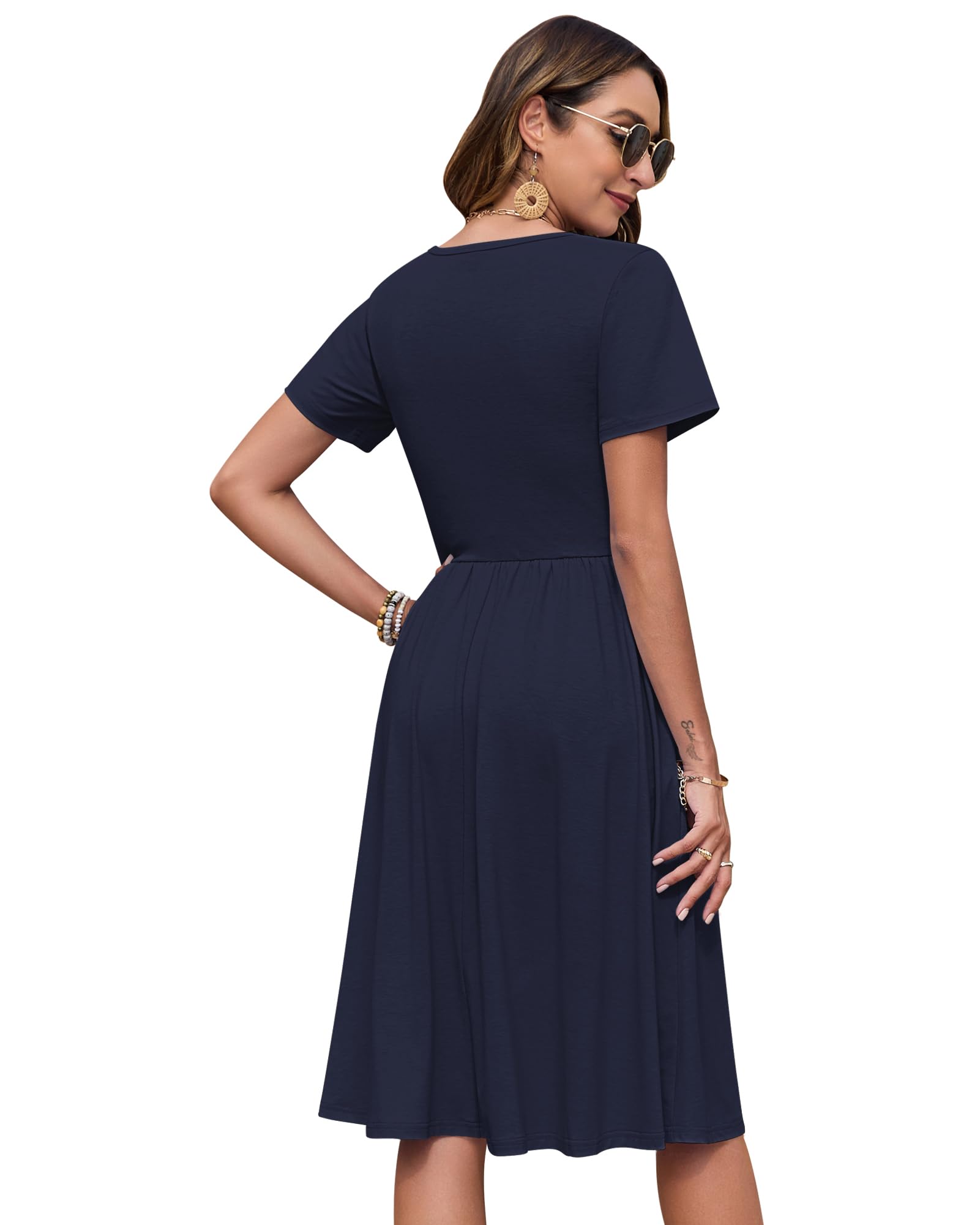 AUSELILY Vestito Estivo a Maniche Corte da Donna Abito Casual Scollo a V al Ginocchiocon Bottoni con Tasche