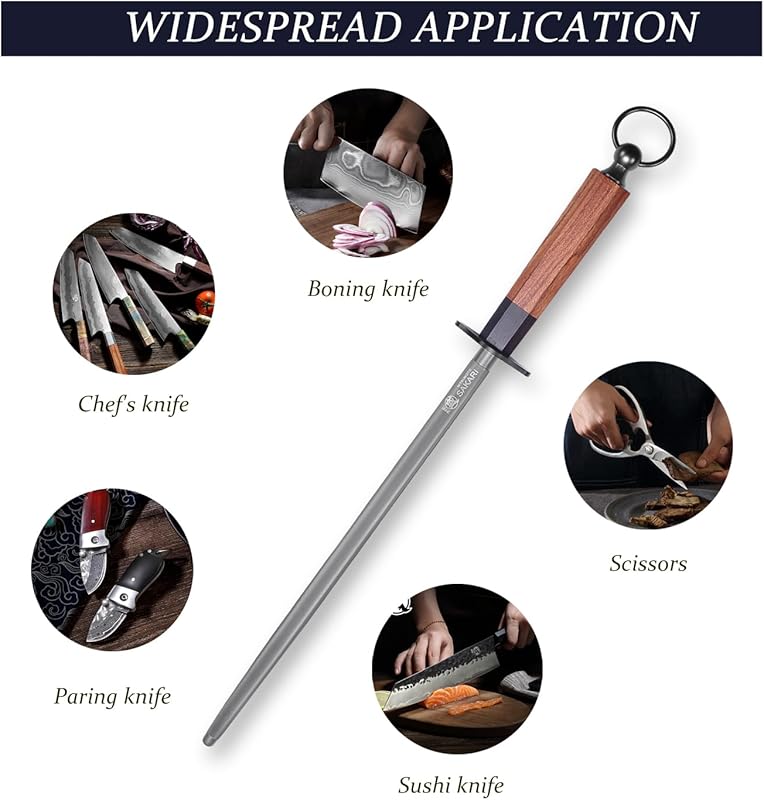 MITSUMOTO SAKARI 12 inch Honing Steel Rod - Round Knife Sharpening Rod, Diamond-Coated High Carbon Steel with Rosewood Handle for Kitchen & Chef Knives Round Sharpening Rod 12 inch