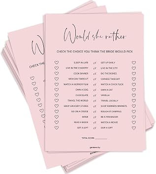 GardenCity Would She Rather Bridal Shower Game Cards for 50 Guests Blush Pink