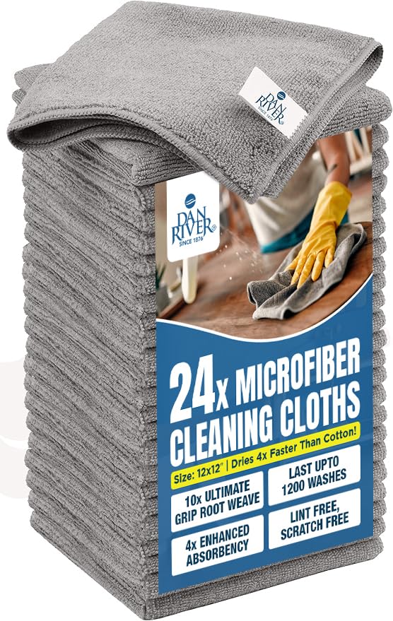 DAN RIVER 24-Pack Gray Microfiber Towels – Ultra Absorbent, Lint-Free &amp; Streak-Free Cleaning Cloths for House, Car &amp; Kitchen - Must-Have Cleaning Essentials - 12" x 12"