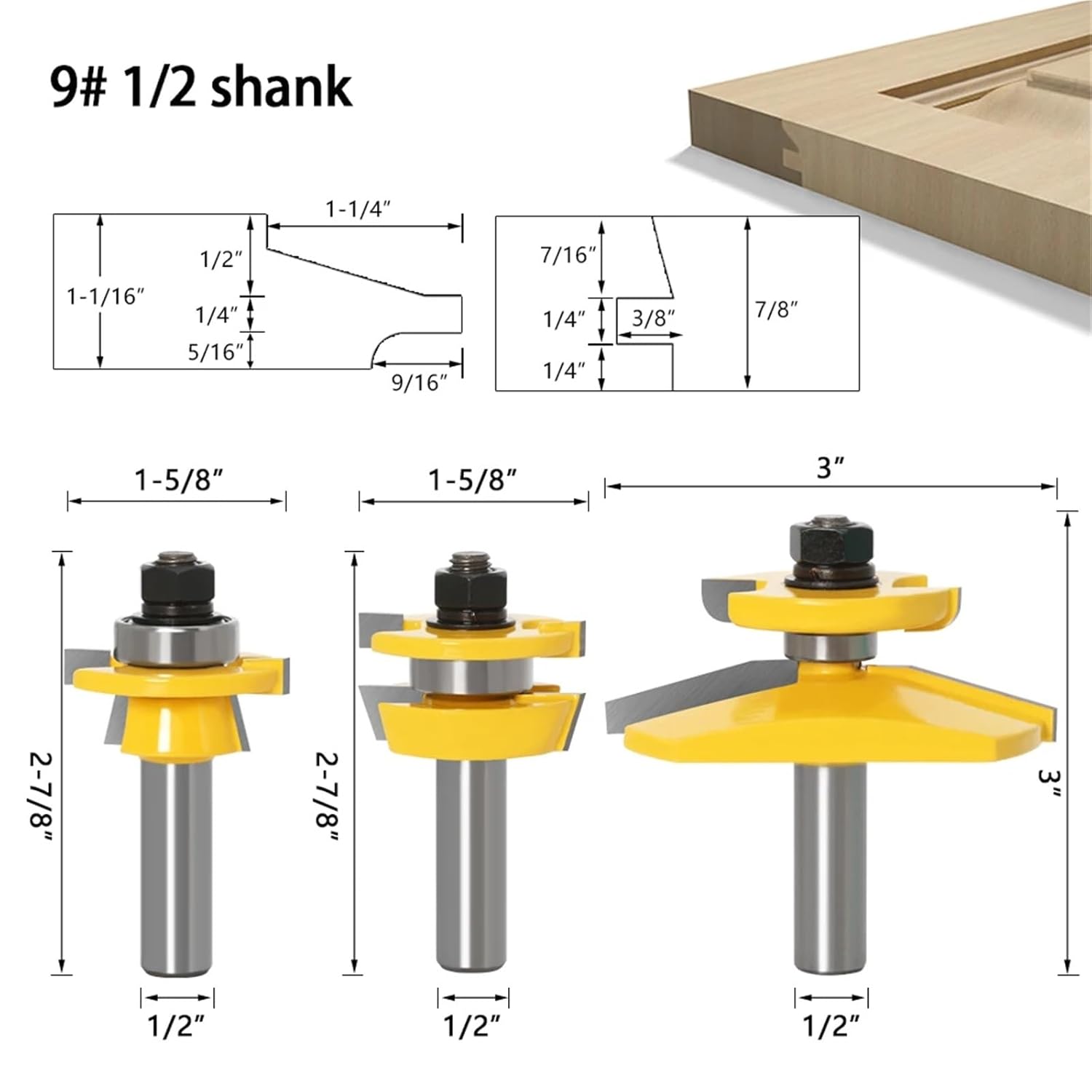 1/2inch Shank Rail Stile Blade Cutter Panel Raised Cabinet Router Bit Set Door Tenon Woodworking Tools 3Pcs(NO13 12.7mm Shank)