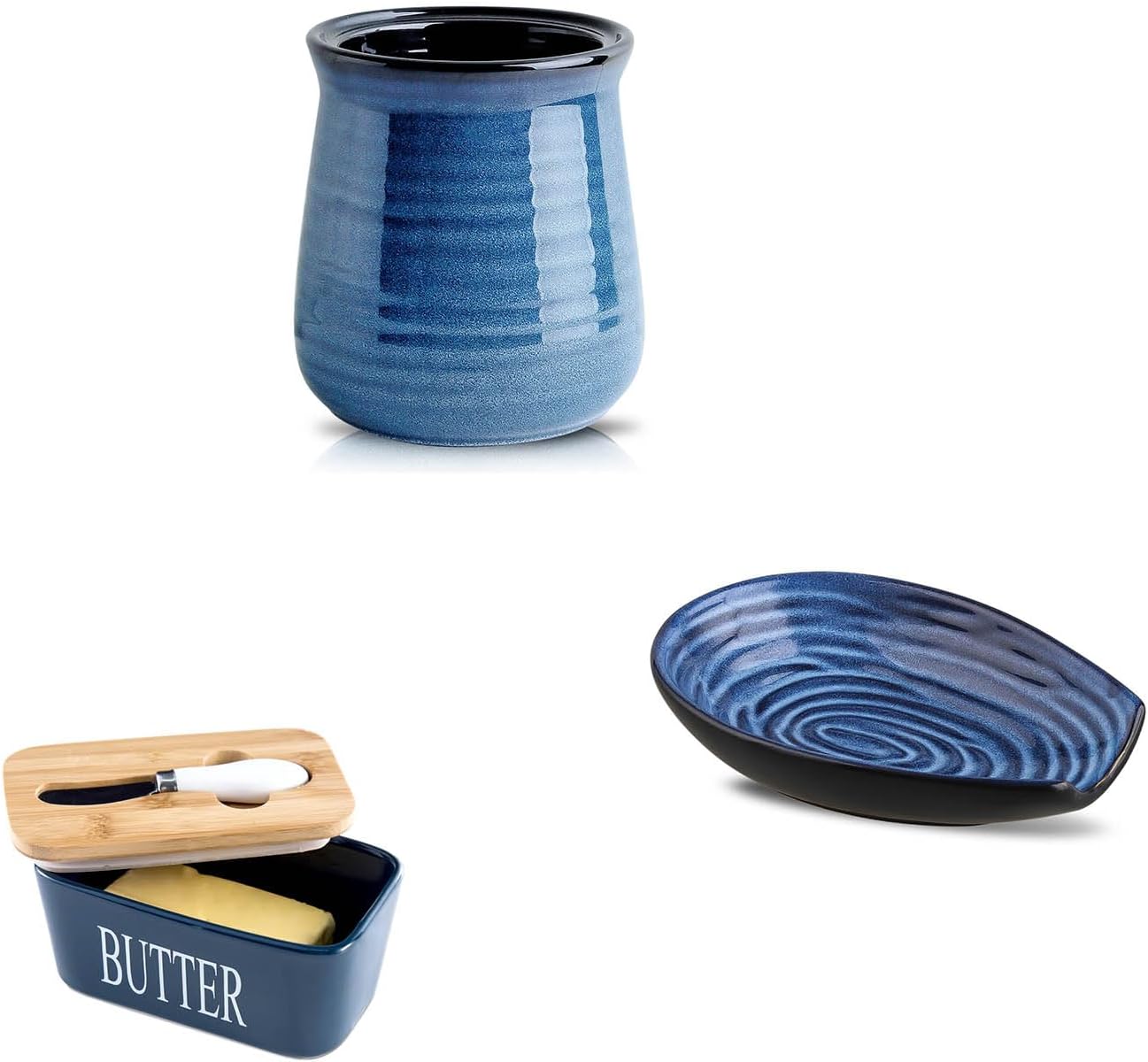 Hasense Blue Spoon Holder, Butter Keeper and Utensil Organizer Bundle