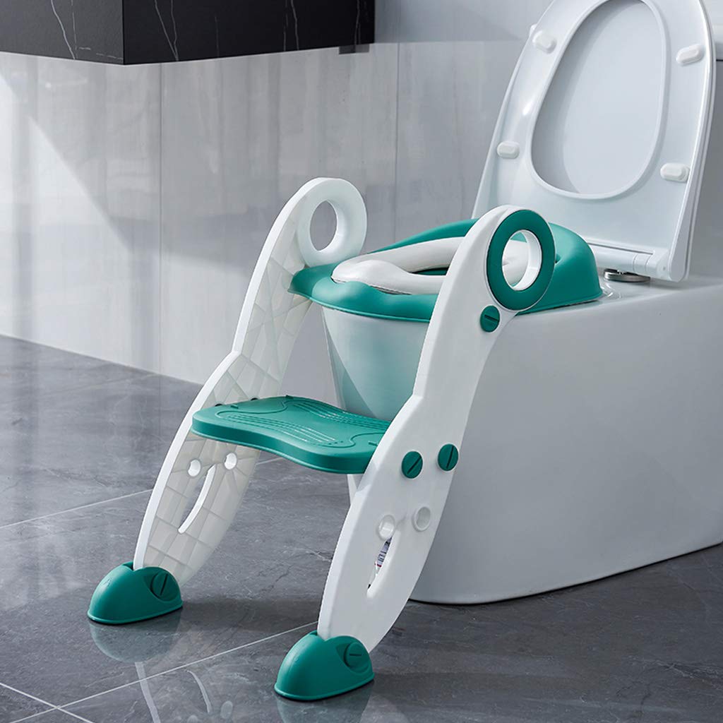 Toilet Seat With Ladder For Toddler, Adjustable And Foldable, Comfortable Child Potty Training Chair For Boys And Girls, Many Colors And Cushions Are Available/437 (Color : Green-white, Size : Hard