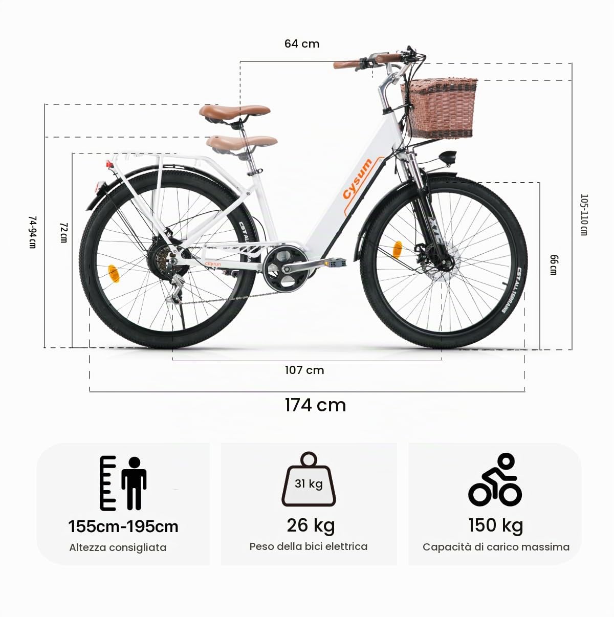 bici elettrica donna 26 pollici bicicletta elettrica donna batteria 36V autonomia 80km bici elettrica pedalata assistita cambio 7 velocità freni a disco (Bianco)