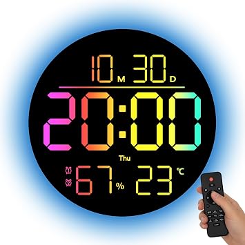 ساعة حائط رقمية LED مقاس 10 بوصات من JENLYSTIME مع إضاءة خلفية RGB ومؤقت تنازلي|11 لونًا، منبه مزدوج، سطوع قابل للتعديل، شاشة عرض لدرجة الحرارة والرطوبة، ساعة صامتة حديثة للمنزل والمكتب