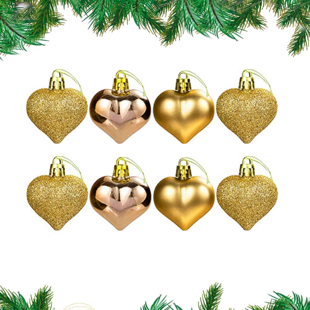 ANGIX 8 x 5cm Christmas Heart Baubles Glitter And Matt Design Christmas Tree Hanging Decoration Ornaments for Xmas & Home Party Decor (Gold)