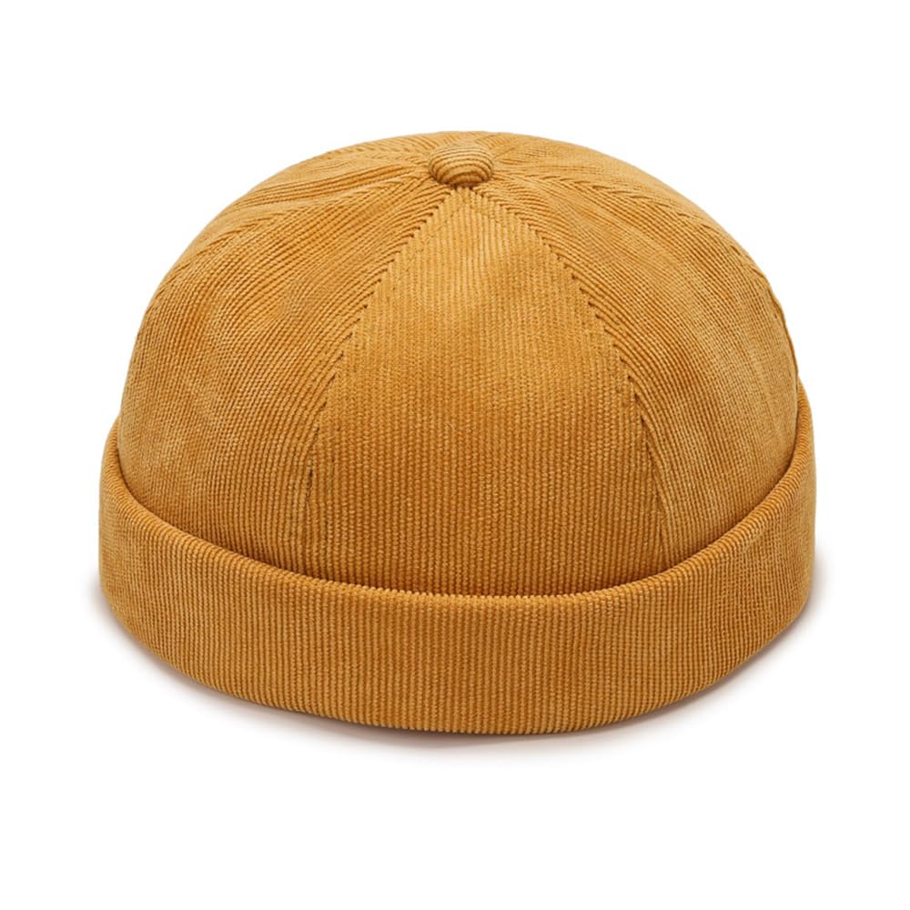 Thicc Women's Yellow Unisex Corduroy Docker Hat - Rolled Cuff Brimless Beanie Sailor Cap With Metal Buckle Adjustable Retro Skullcap Work Beanie Harbour Hat For Mens (1Pcs,)