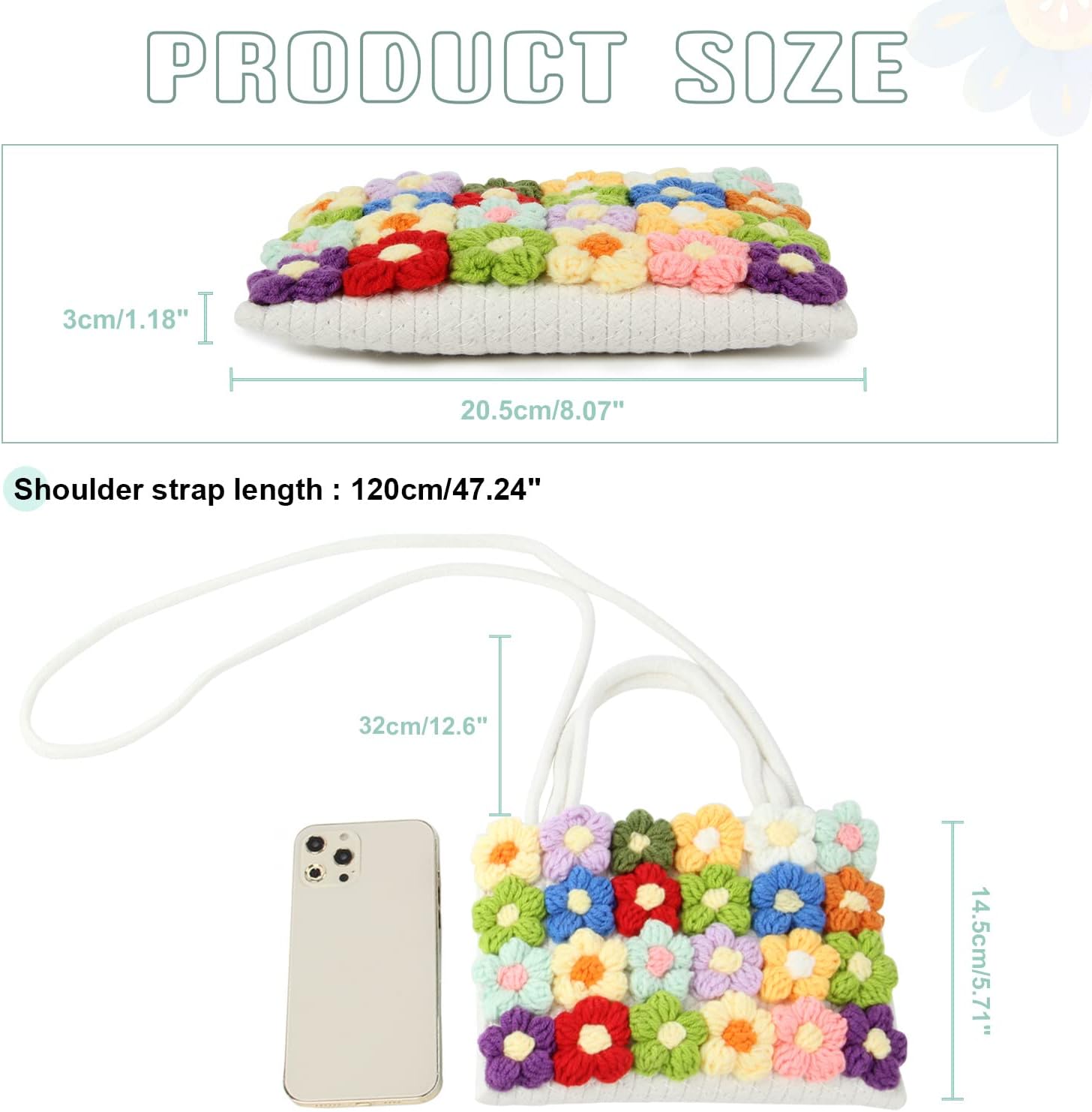 SUKUTU Women Small Flower Handwoven Crossbody Handbag Cute Multicolored Purse Bag Cotton Crochet Shoulder Bag | Small, Flower, Handwoven, Cute, Bag, Cotton, Crochet - Image 4
