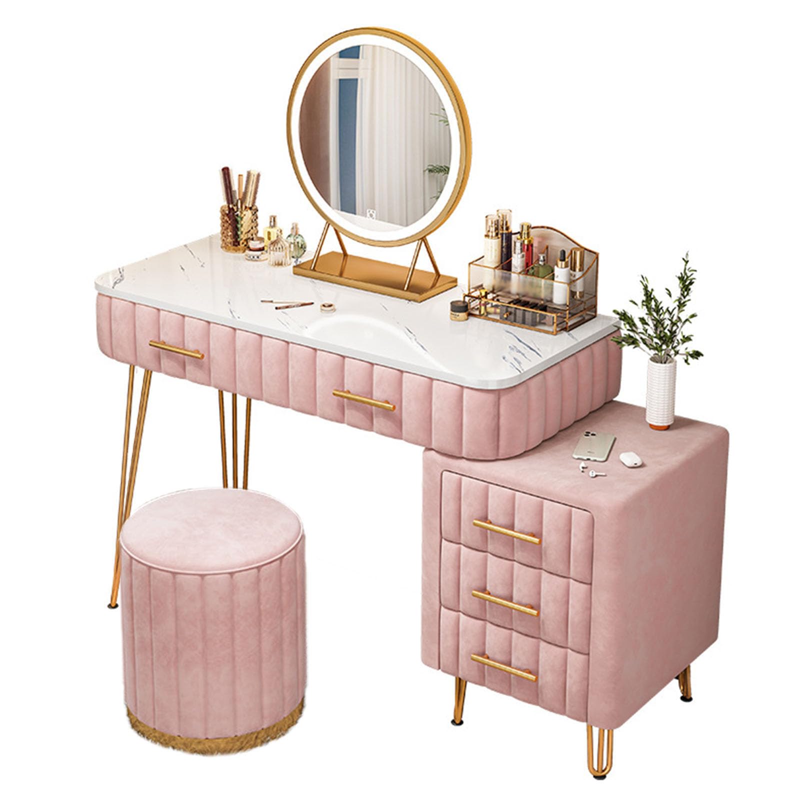 asdchZen Led Lighted Makeup Mirror 5X Magnification Vanity Dressing Table Set With Cushioned Stool For Girls And Women Bedroom Essential