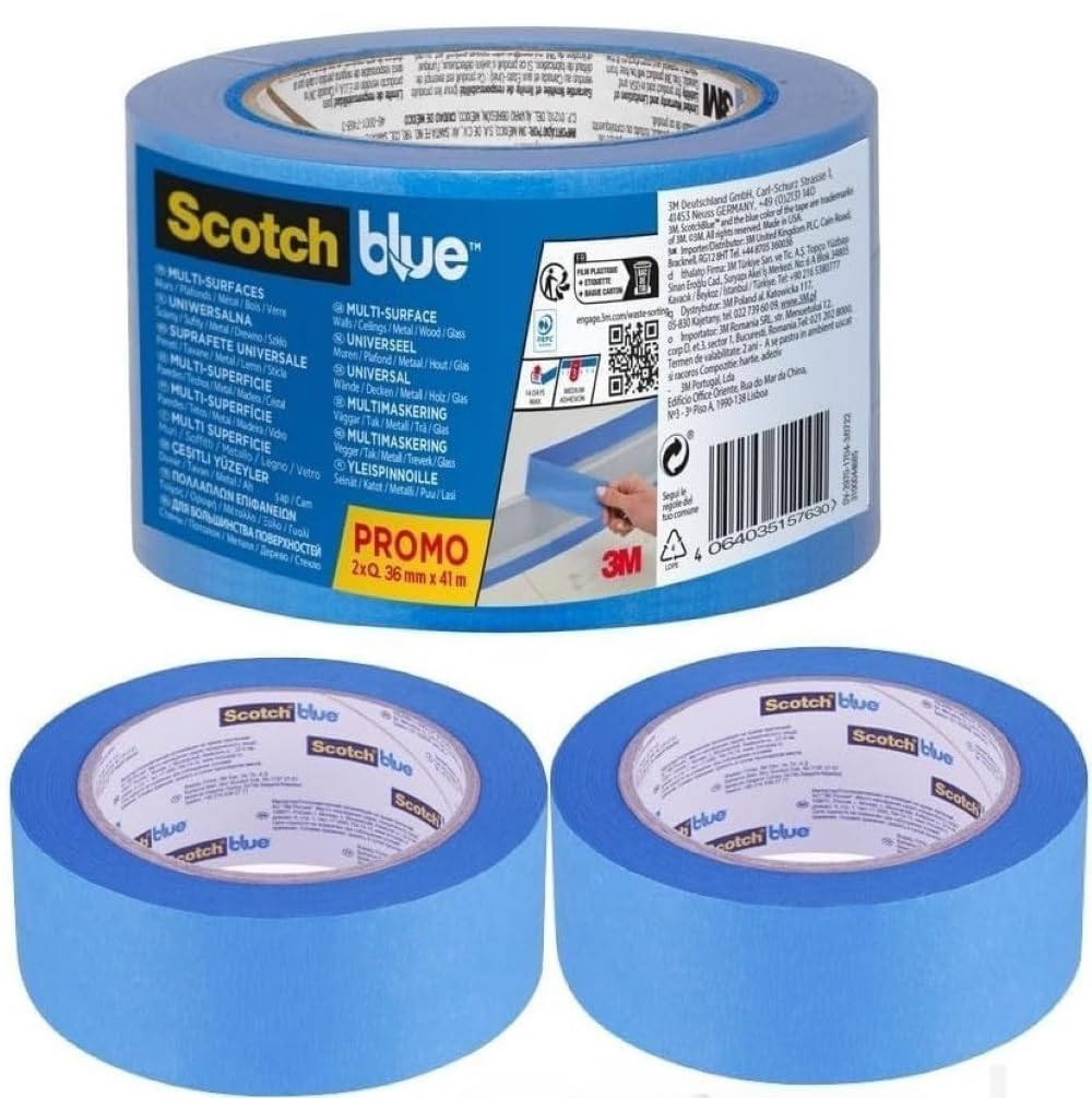 Scotchblue Blue Scotch Multi-Surface Masking Tape, 2 Rolls, 36 Mm X 41 M - Scotch Adhesive Painters Tape, For Painting And Decorating, Indoor & Outdoor, Sticks Well, 100% Pefc
