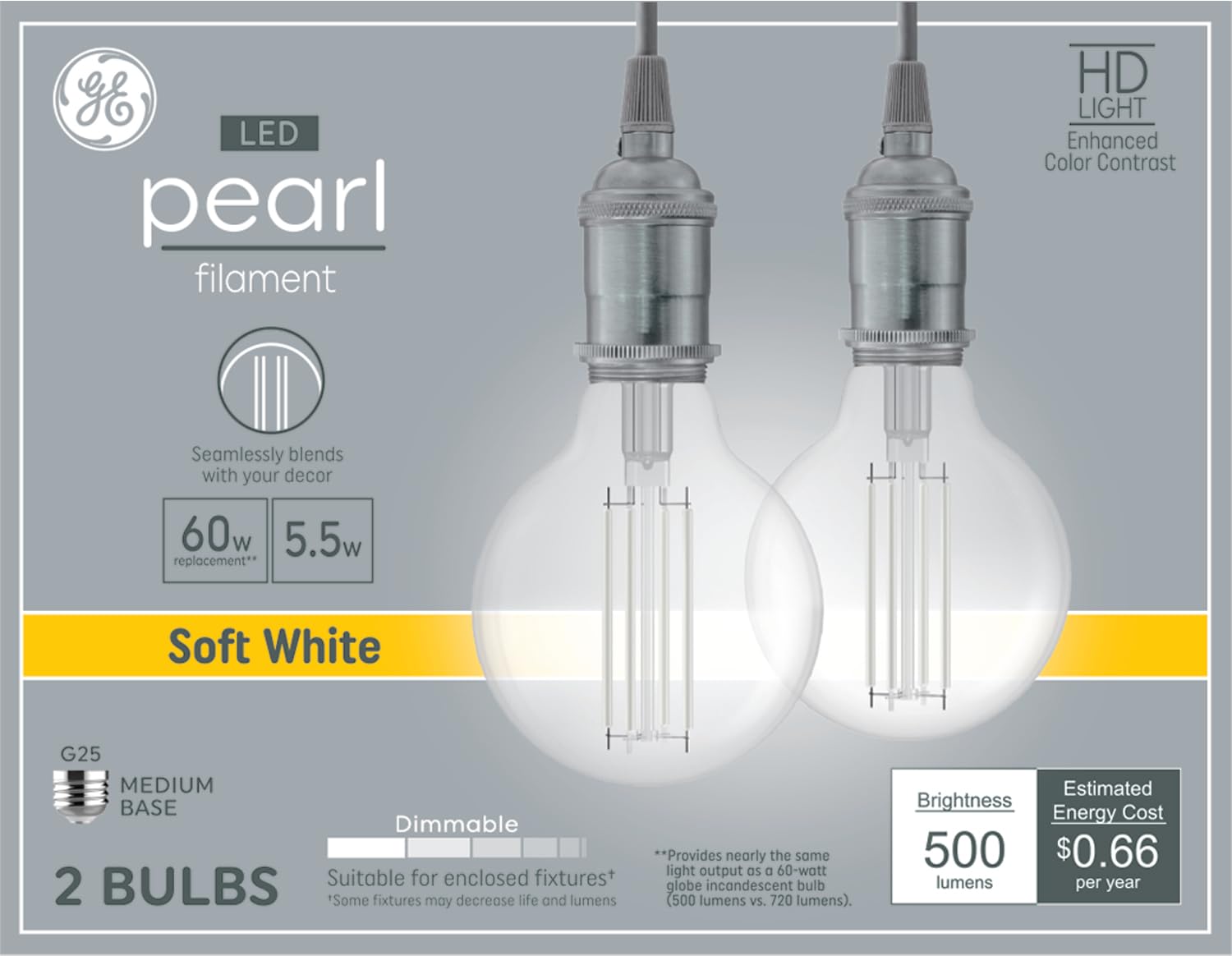 GE Pearl G25 Globe LED Filament Bulb, Soft White 60W Replacement
