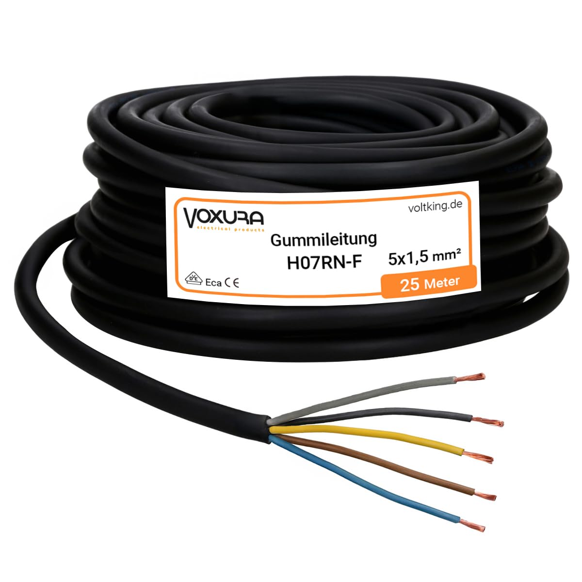 Voxura H07RN-F 5x1,5 mm² 25 Meter Gummileitung flexibel mit Schutzleiter 5G1,5 UV-resistent ölbeständig für Außenbereich Campingkabel Baustellenkabel