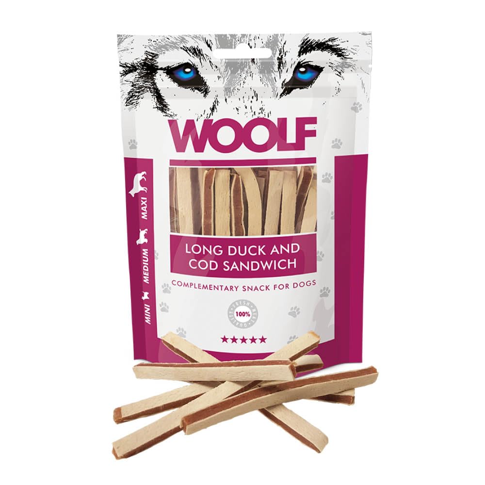 WOOLF Long Duck and Cod Sandwich Dog Treat - Complementary Snacks for Dogs. All-Natural Ingredients and High Meat Content, Free from Artificial Additives. Suitable for Dogs (100g)