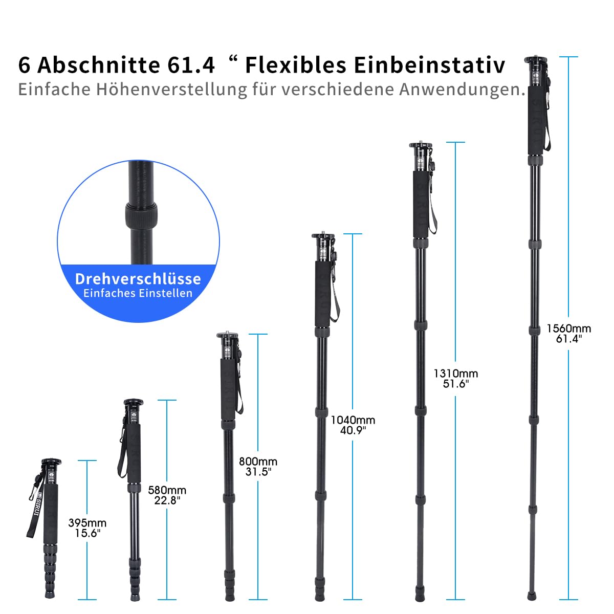 SIRUI P-306 Einbeinstativ Kamera Reise Monopod, Aluminium 0.56kg Stativ, 6 Sektionen, leichtes kompaktes Reisestativ, Max 155cm, 39,2cm Packmaß, Max Last 8kg