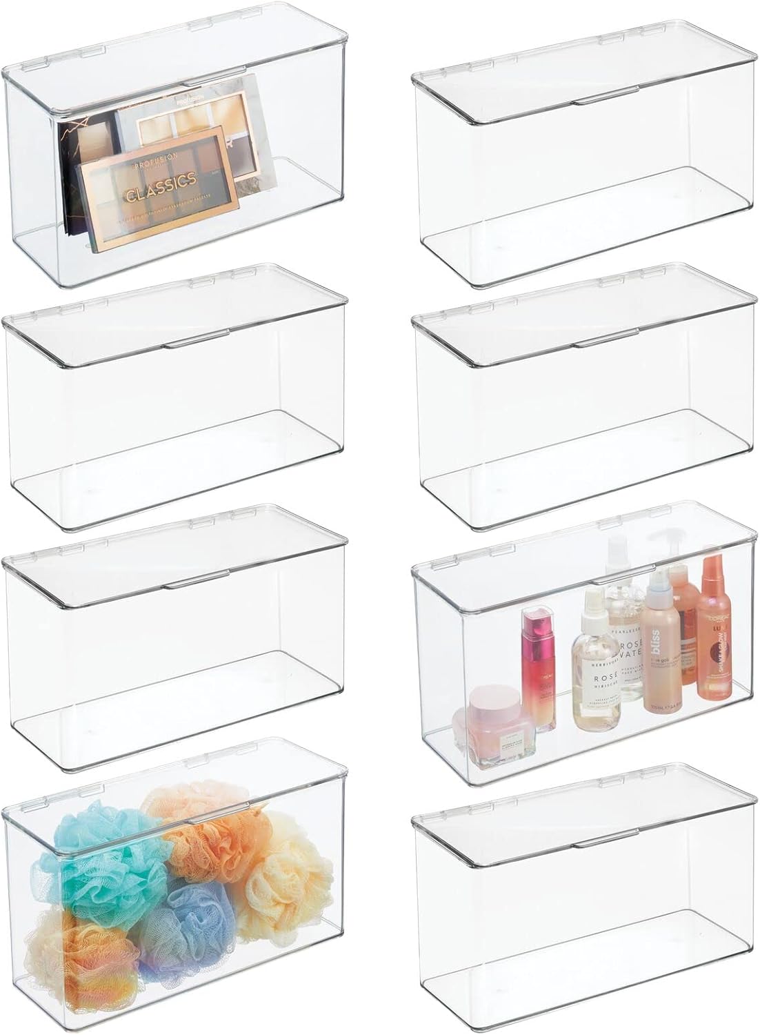 mDesign Plastic Bathroom Storage Organizer Box Containers with Hinged Lid for Vanity Drawers - Holds Lotions, Face Towels, Cotton Swabs, Soap, or Accessories - Lumiere Collection - 8 Pack - Clear