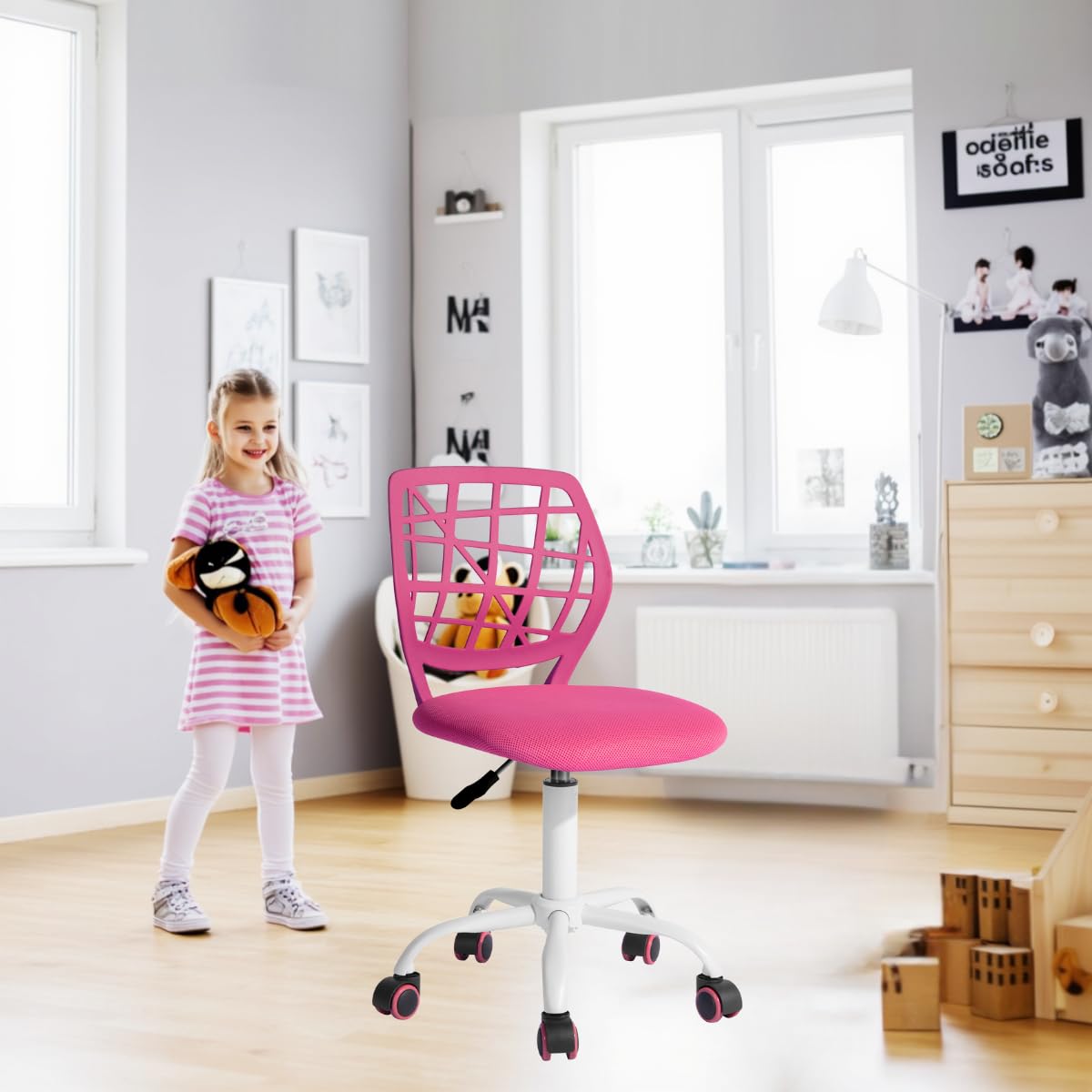 FurnitureR Sedia da scrivania per bambini, regolabile in altezza, girevole, con schienale con piccolo foro, adatta per camera dei bambini o sala studio, rosa I