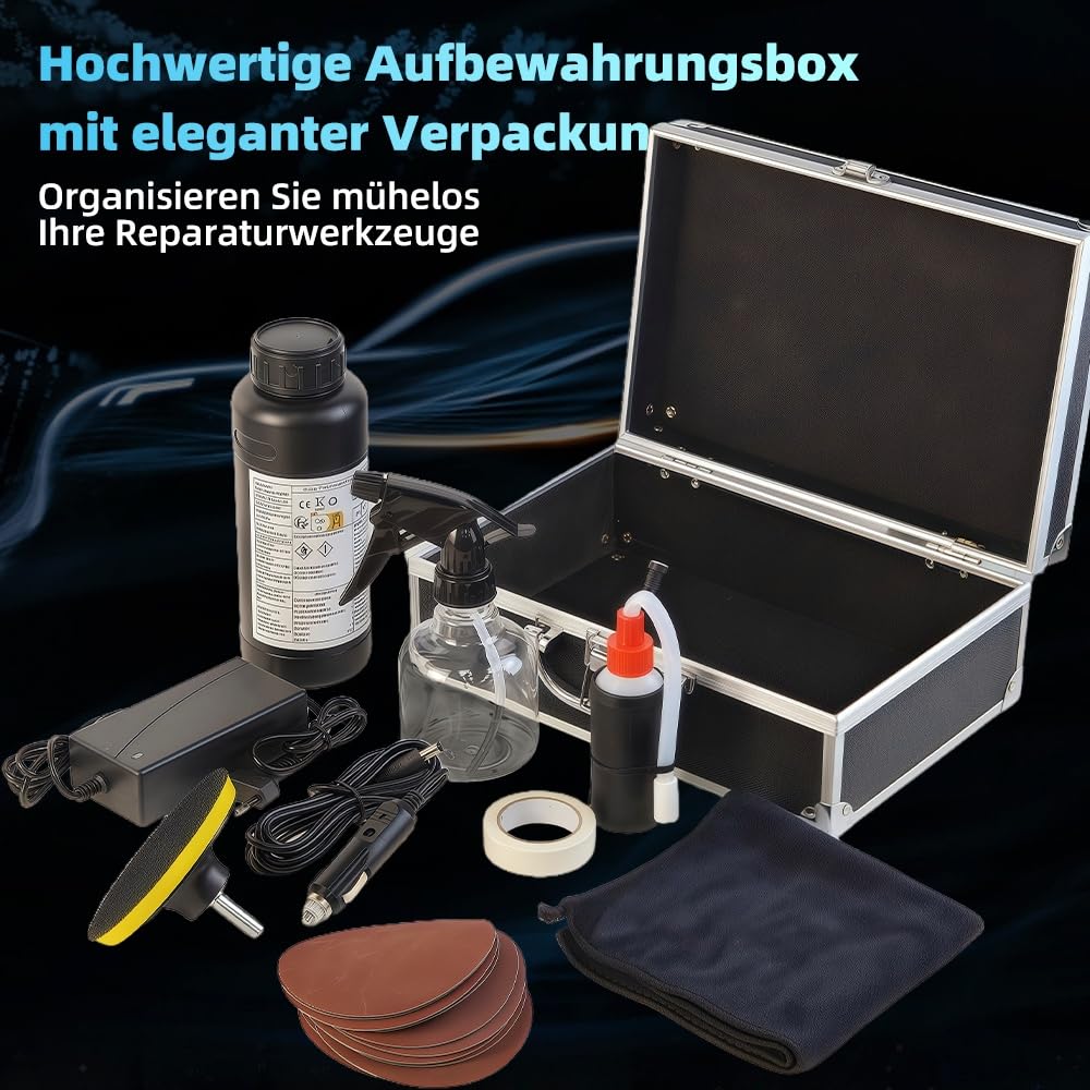 Scheinwerfer Aufbereitung Set 1420g, Scheinwerfer Bedampfen Set für Matte & Blinde Scheinwerfer, Scheinwerfer Polierset für Vergilbung/Vage Inklusive Schleifpapier und Aufbewahrungskoffer